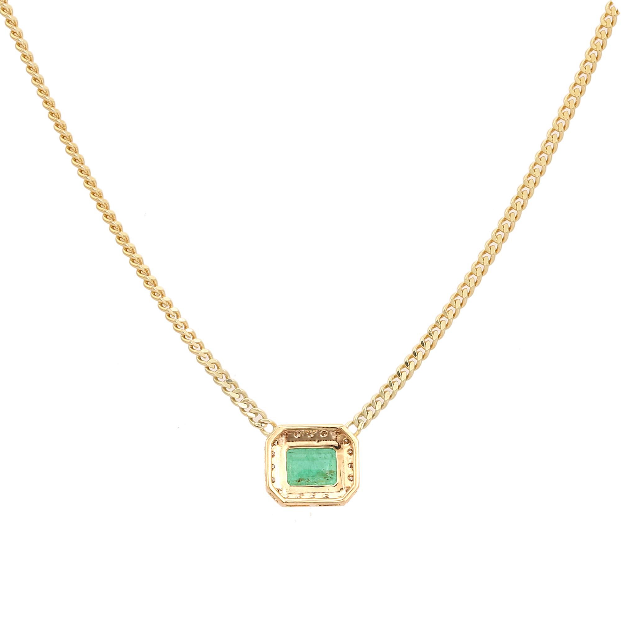 Certified Zambian Emerald & Diamond Pendant Necklace in Solid 14k Yellow Gold In New Condition For Sale In New York, NY