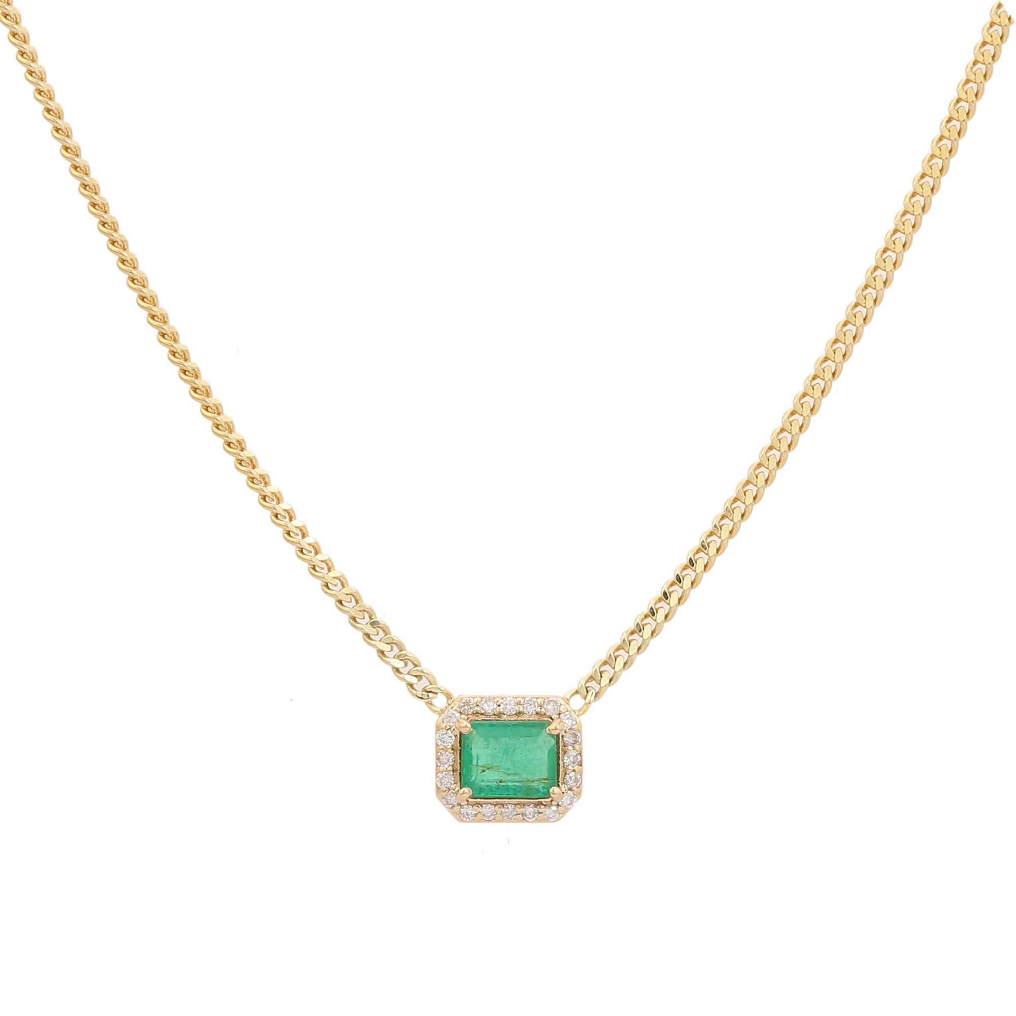 Certified Zambian Emerald & Diamond Pendant Necklace in Solid 14k Yellow Gold For Sale 3