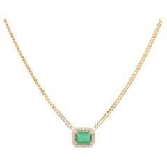 Certified Zambian Emerald & Diamond Pendant Necklace in Solid 14k Yellow Gold