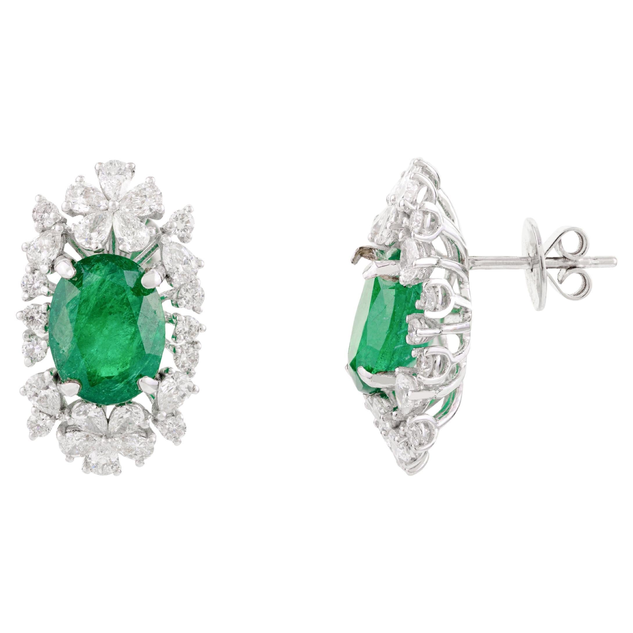Clous d'oreilles de mariage en or blanc 18 carats avec émeraudes de Zambie certifiées et diamants
