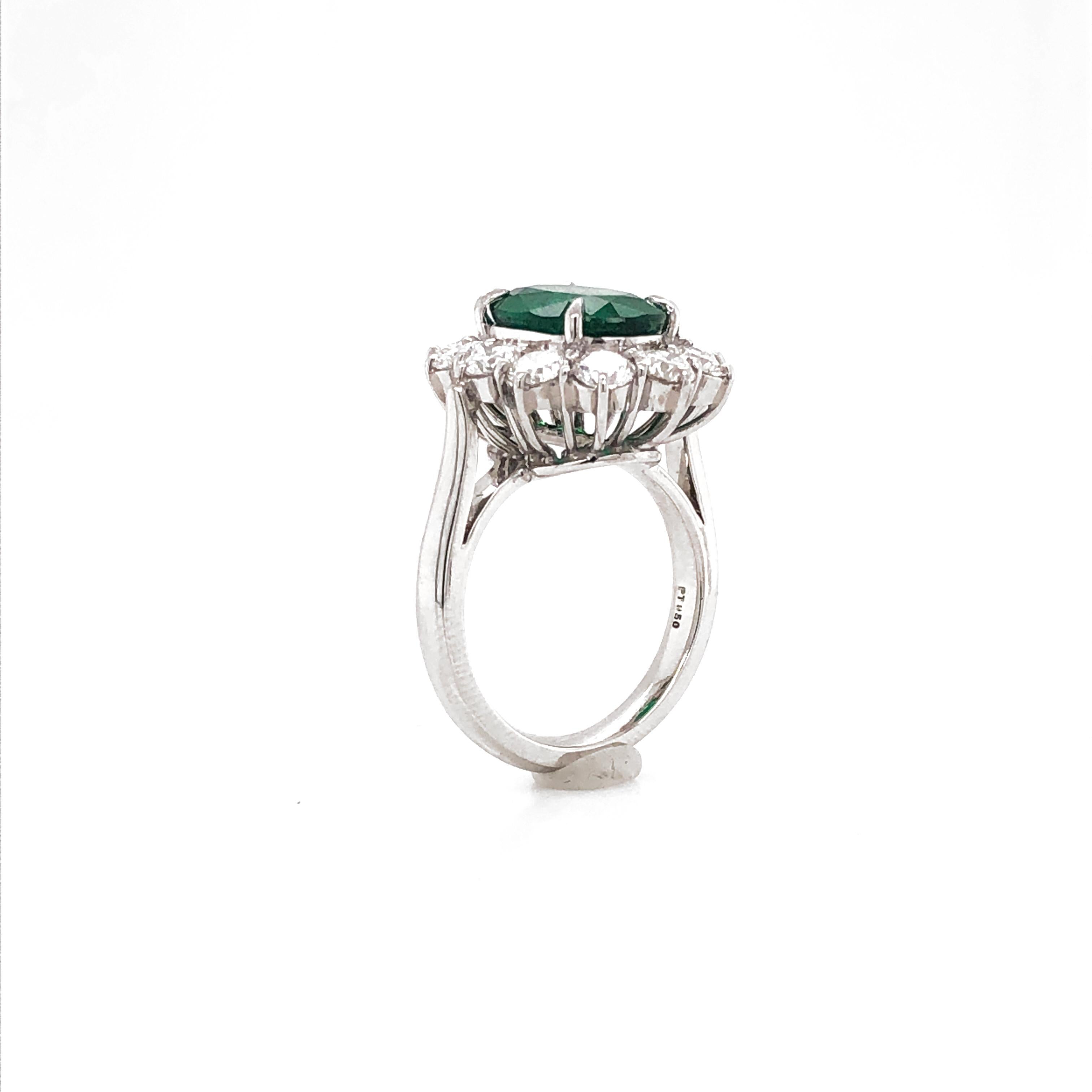 Certified Zambian Oval Cut Emerald 3.22 Carat Total Diamond Platinum Ring 2