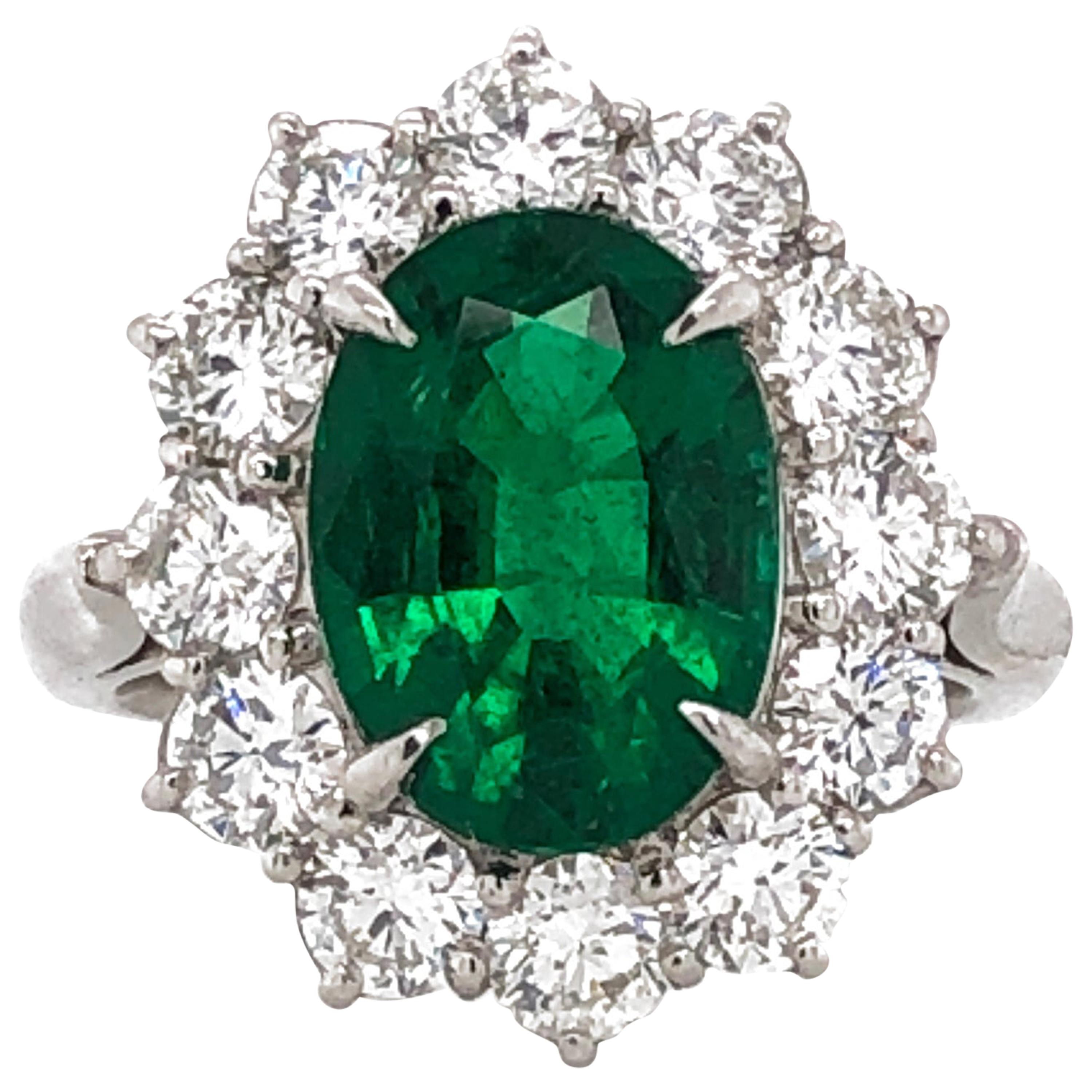 Certified Zambian Oval Cut Emerald 3.22 Carat Total Diamond Platinum Ring