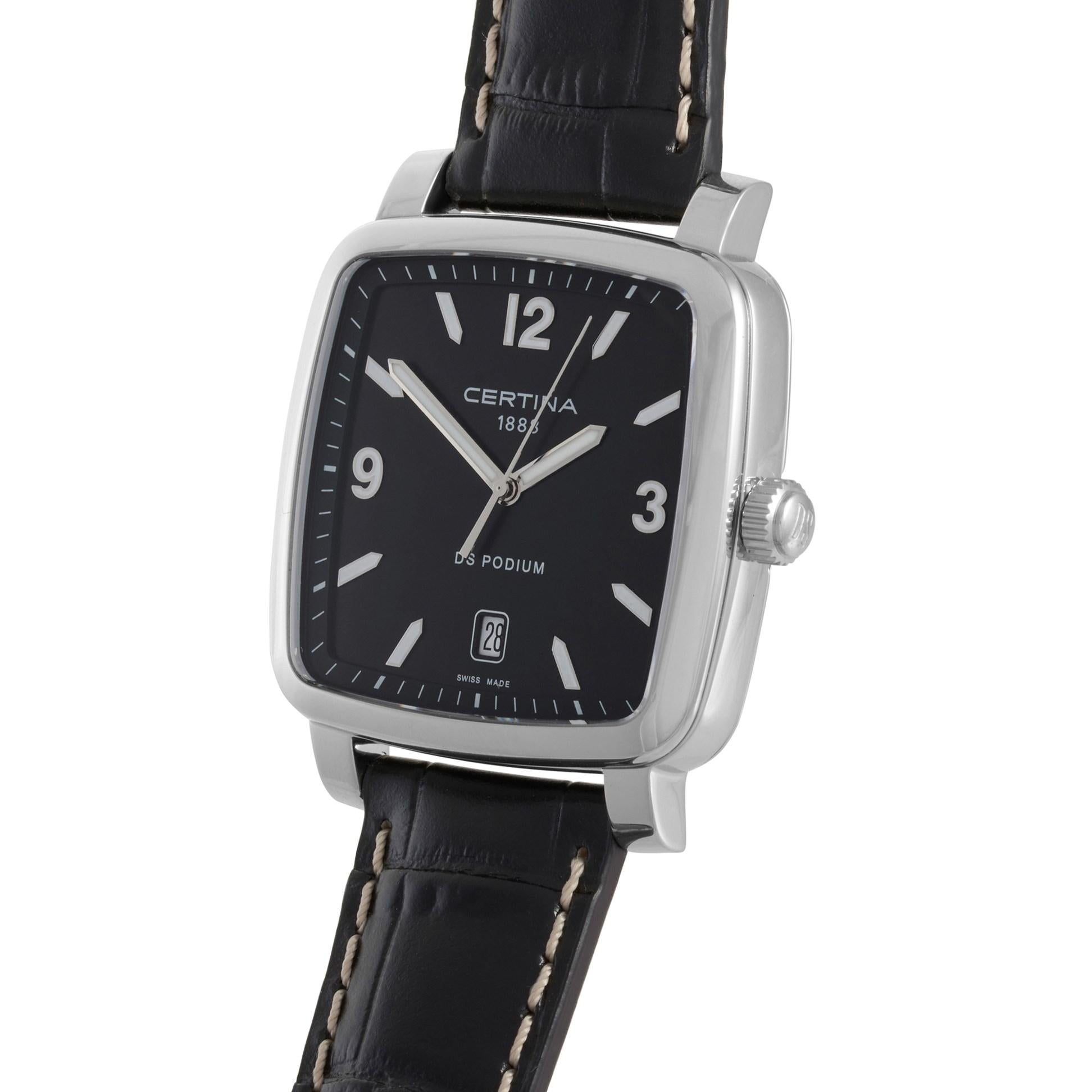 The Certina DS Podium watch, reference number C0255101605700, comes with a 34.50 mm stainless steel case presented on a black leather strap that is fitted with a deployment clasp. This model is powered by the ETA F06.111 quartz movement. The black