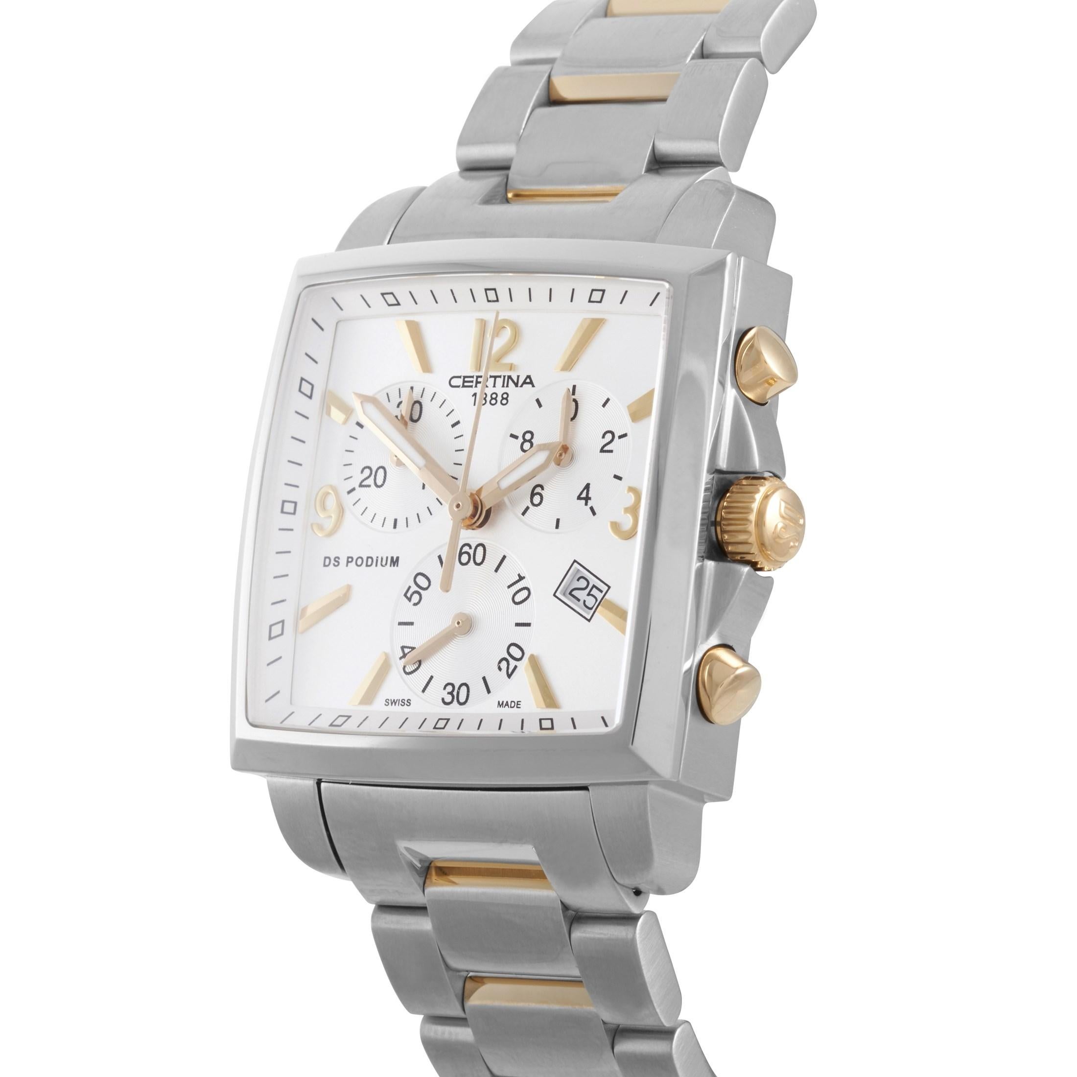 The Certina DS Podium watch, reference number C0013172203700, comes with a 32 mm two-tone stainless steel case presented on a matching two-tone stainless steel bracelet. This model is powered by the ETA 251.471 quartz movement. The silver dial with