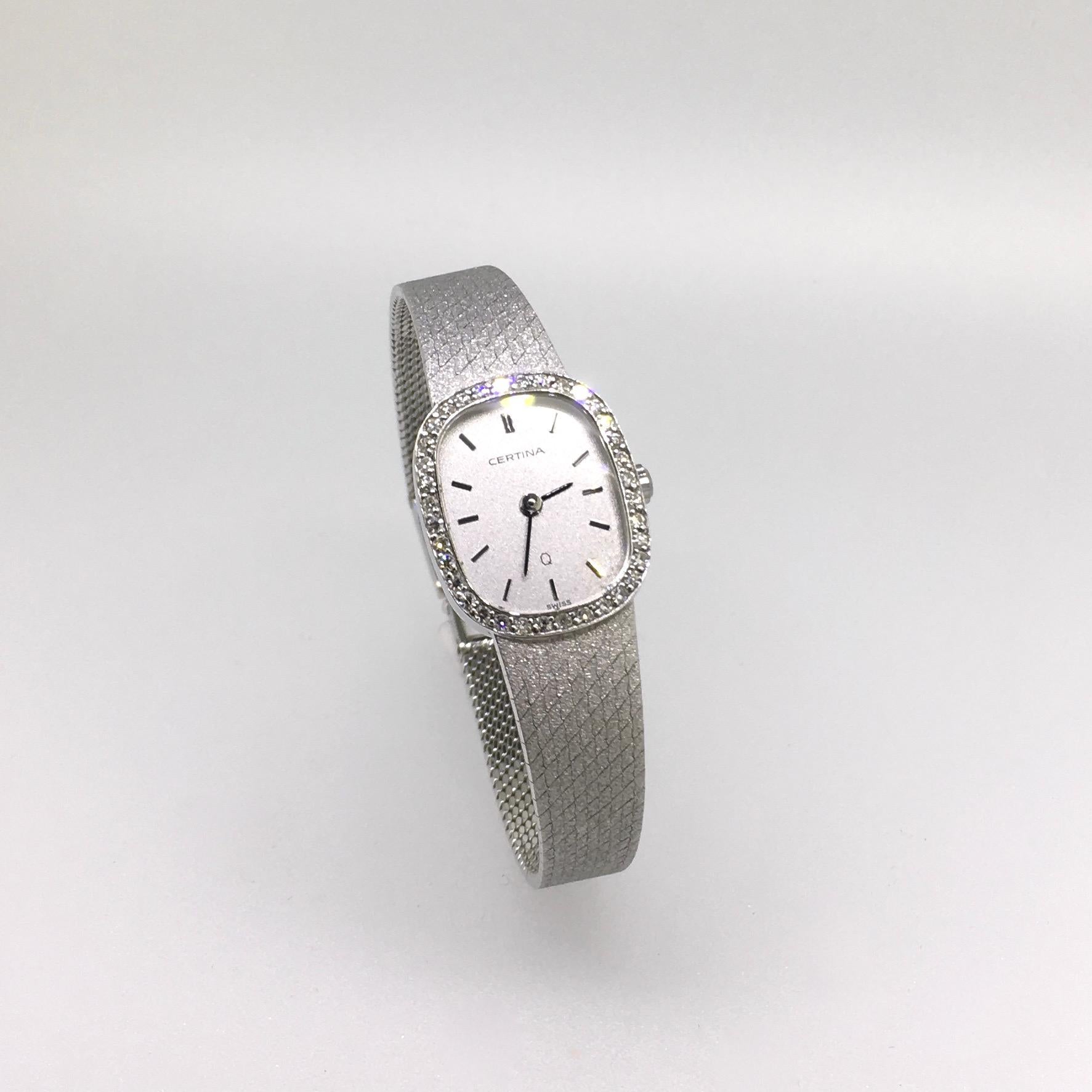 Brilliant Cut Watch, White Gold, Diamonds, Lady, Certina, Bracelet Watch, Vintage, 1983