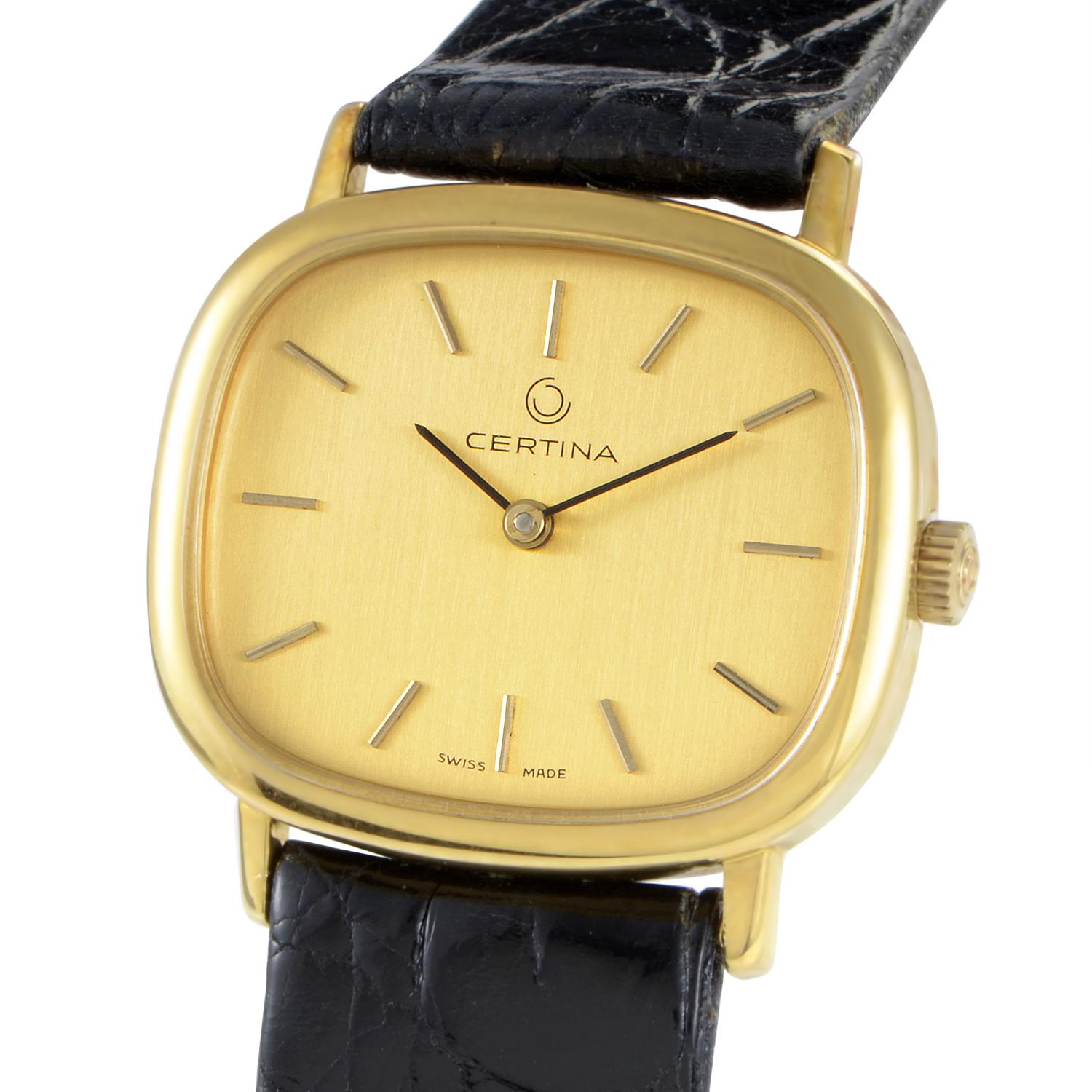 This quartz watch from Certina has a tasteful look that is perfect for everyday wear. The watch's rectangular case is made of 18K yellow gold and boasts a champagne-colored dial. The dial is fairly simple and only displays indication of the hours
