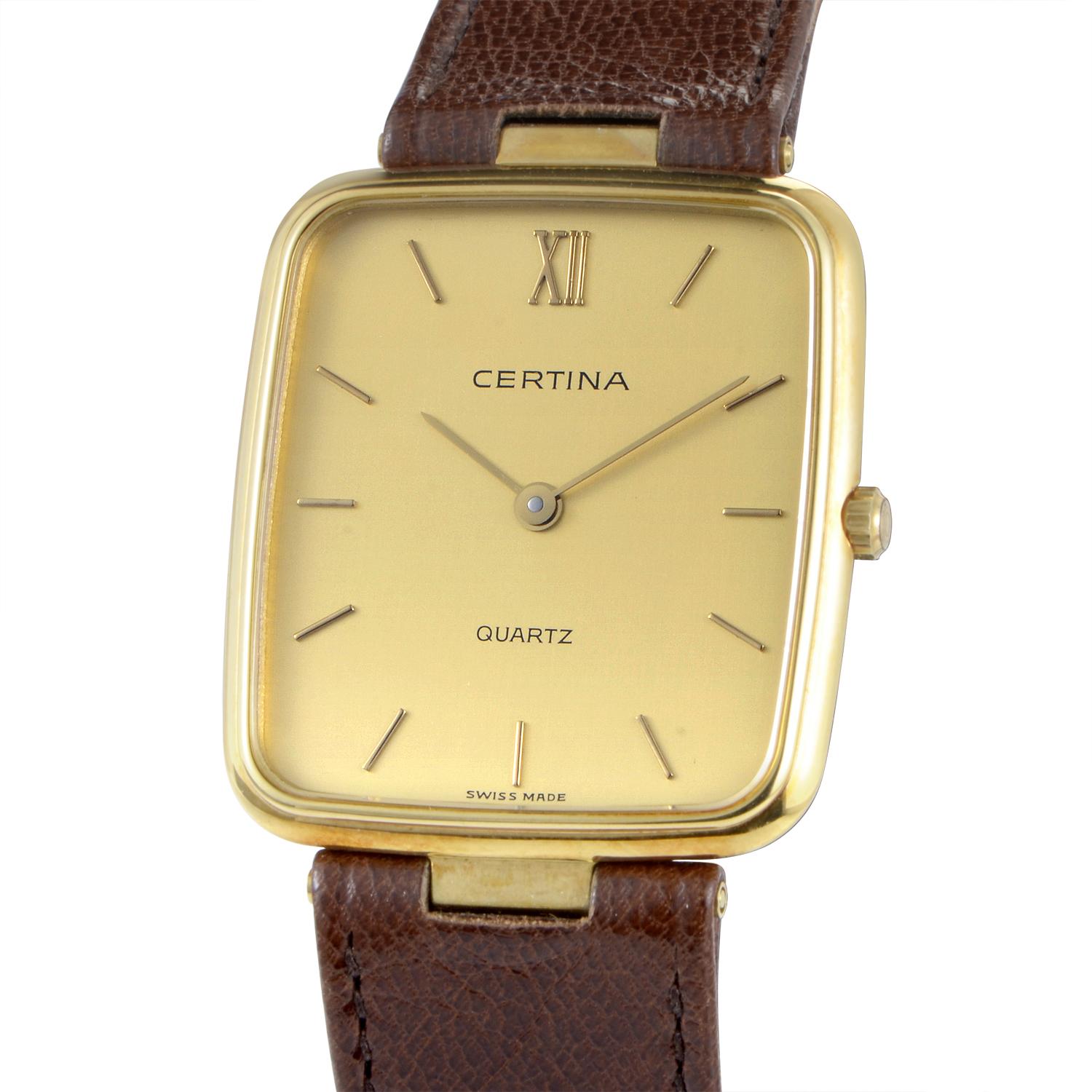 This quartz timepiece from Certina is the perfect accessory for a casual outfit. The watch's vertically rectangular case is made of 18K yellow gold and boasts a champagne-colored dial. The dial is fairly simple and only displays indication of the