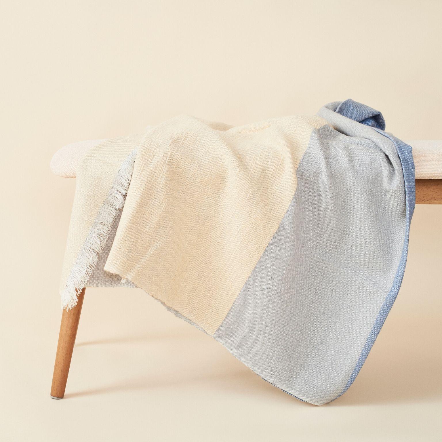 Ceru Handloom Merino Throw / Blanket in Neutral Shades of Cream & Serene Blue In New Condition For Sale In Bloomfield Hills, MI
