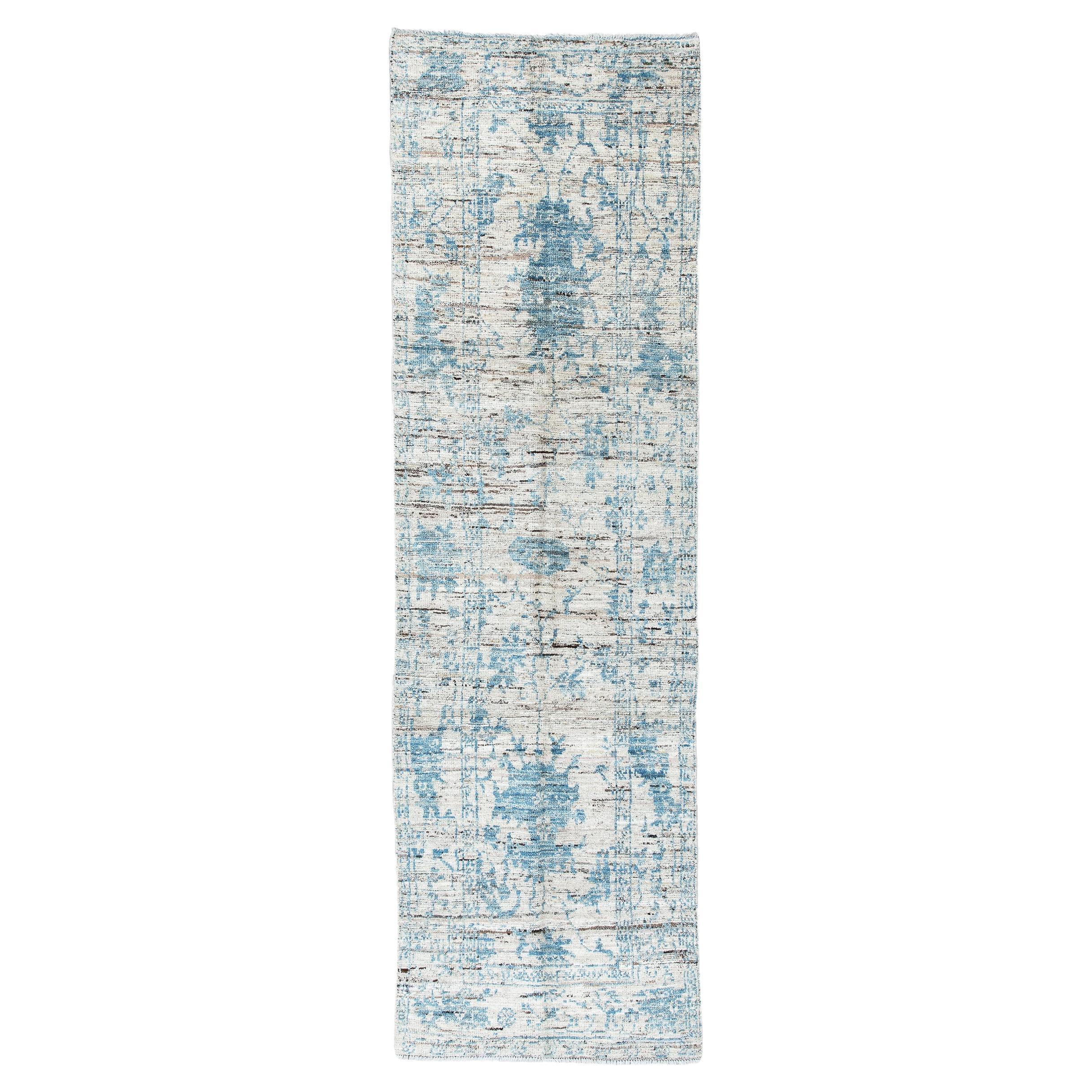 Cerulean and Ivory Runner Rug - Tulu For Sale