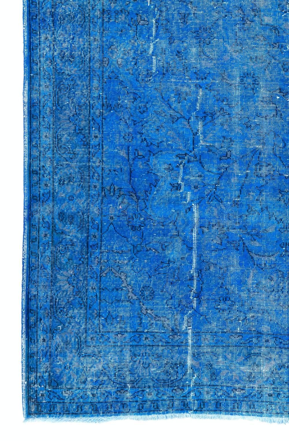 Hand-Woven 7x11 Ft Cerulean Blue Color Overdyed Vintage Turkish Rug for Modern Interiors