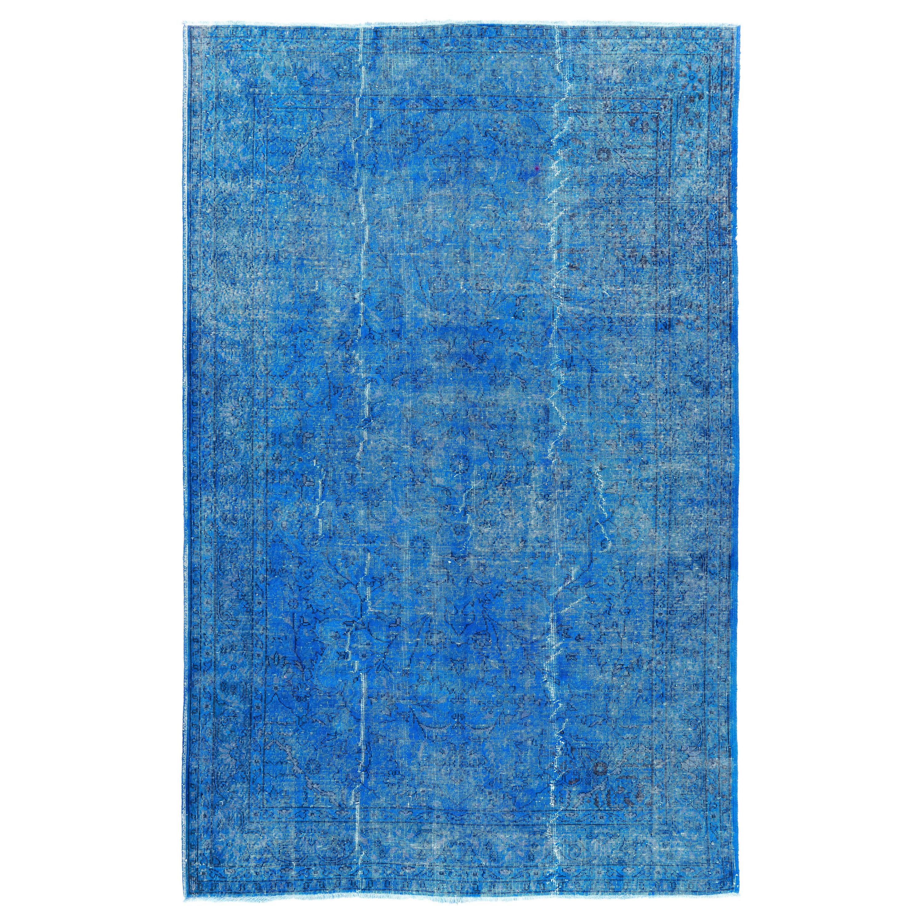 7x11 Ft Cerulean Blue Color Overdyed Vintage Turkish Rug for Modern Interiors