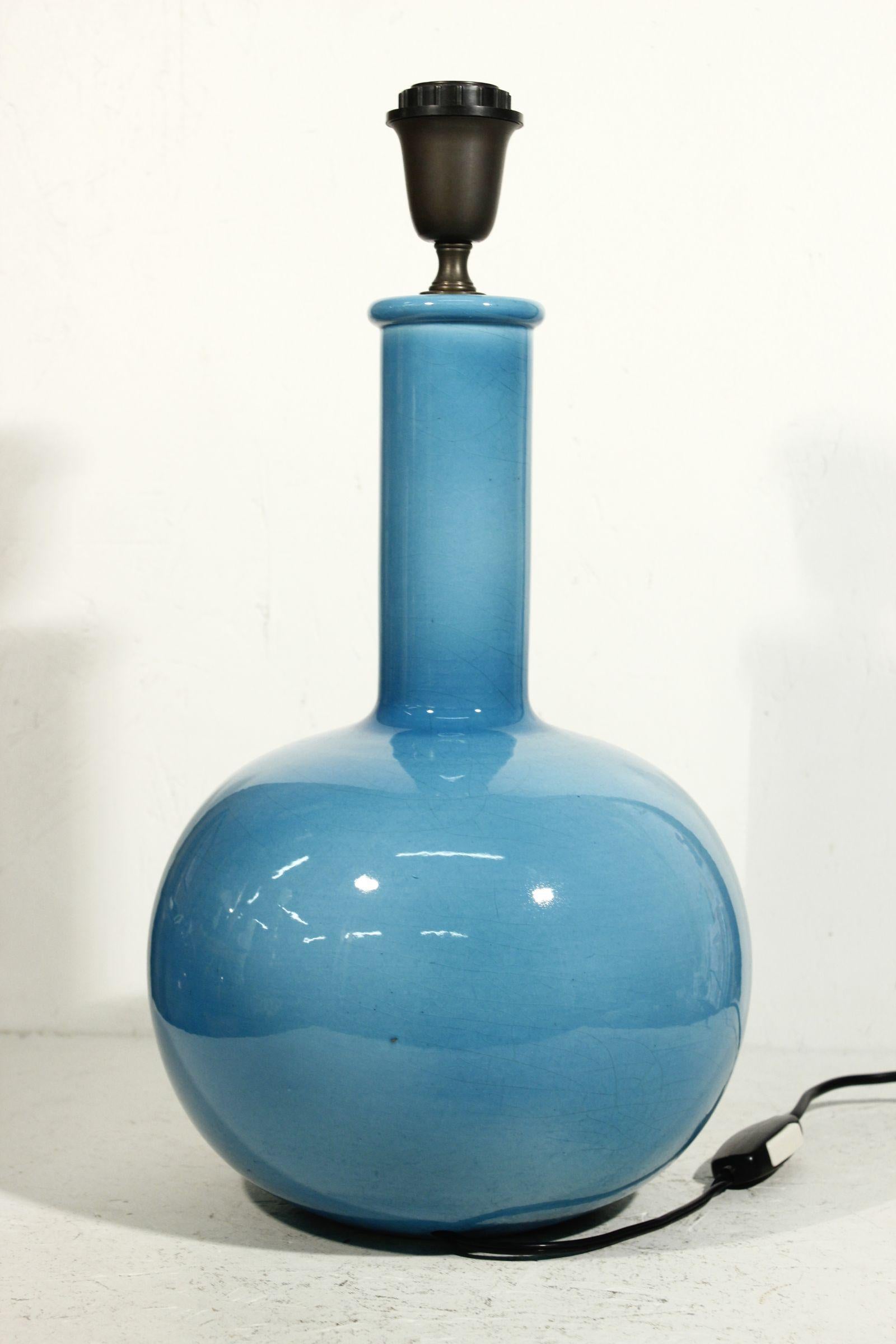 Italian Cerulean blue crackle glaze ceramic lamp base by Alvino Bagni, Italy 1960s For Sale