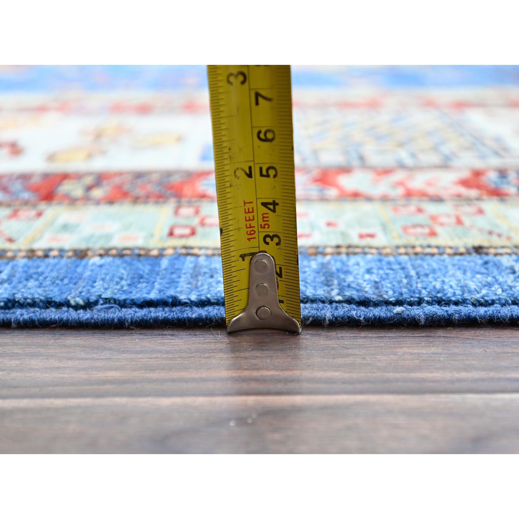 Tapis d'Orient géométrique bleu céruléen noué à la main Super Kazak 8'2