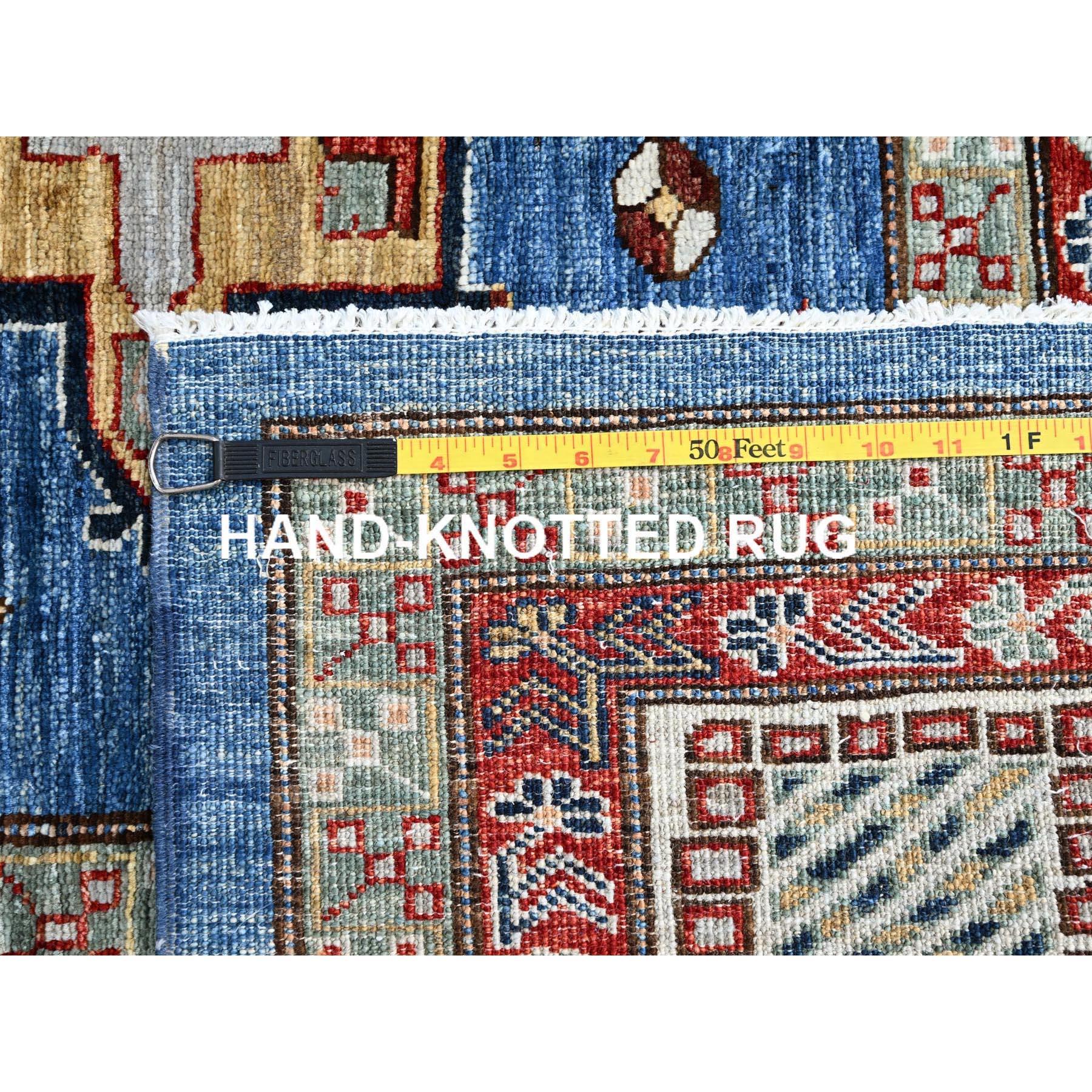 Tapis d'Orient géométrique bleu céruléen noué à la main Super Kazak 8'2