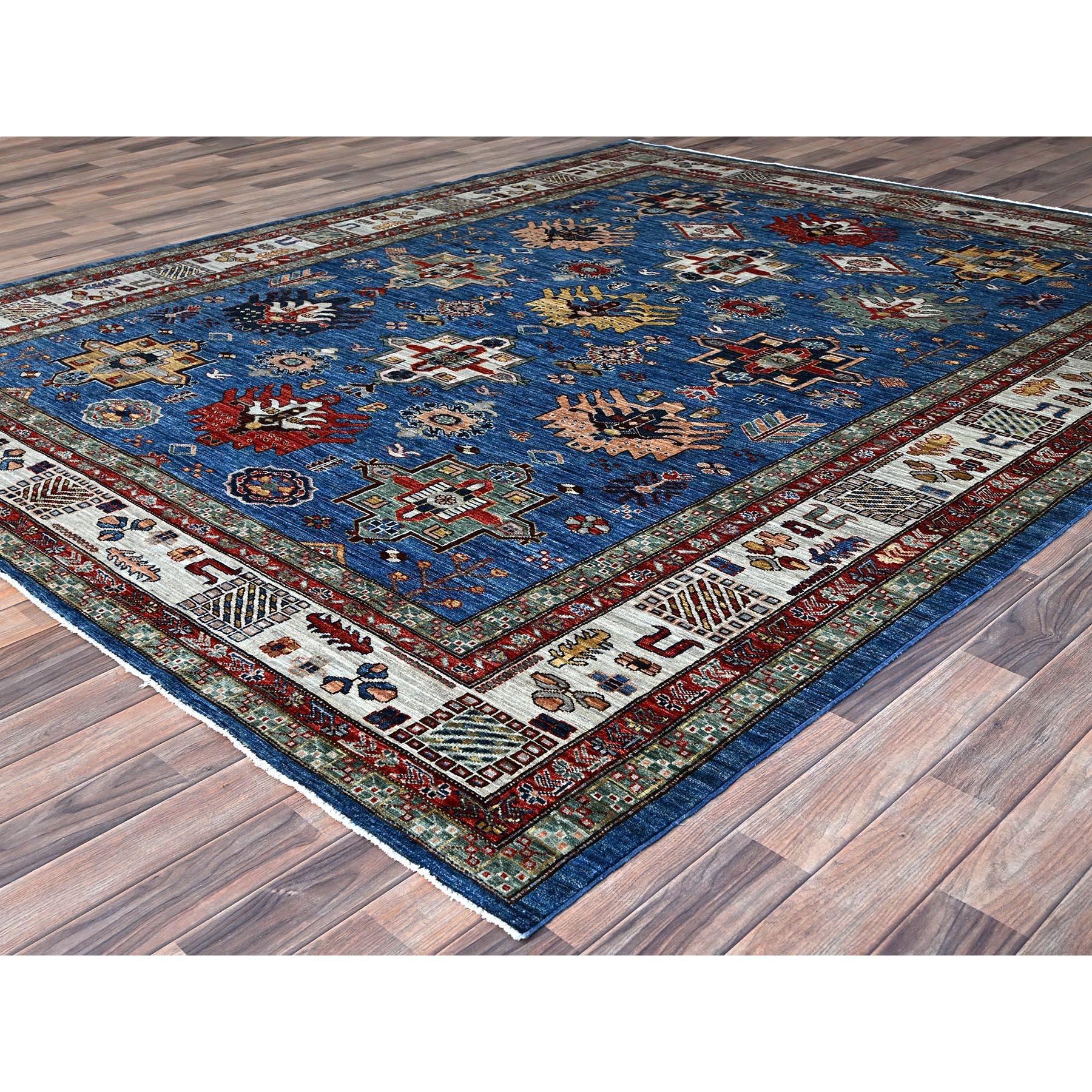 Kazakh Tapis d'Orient géométrique bleu céruléen noué à la main Super Kazak 8'2