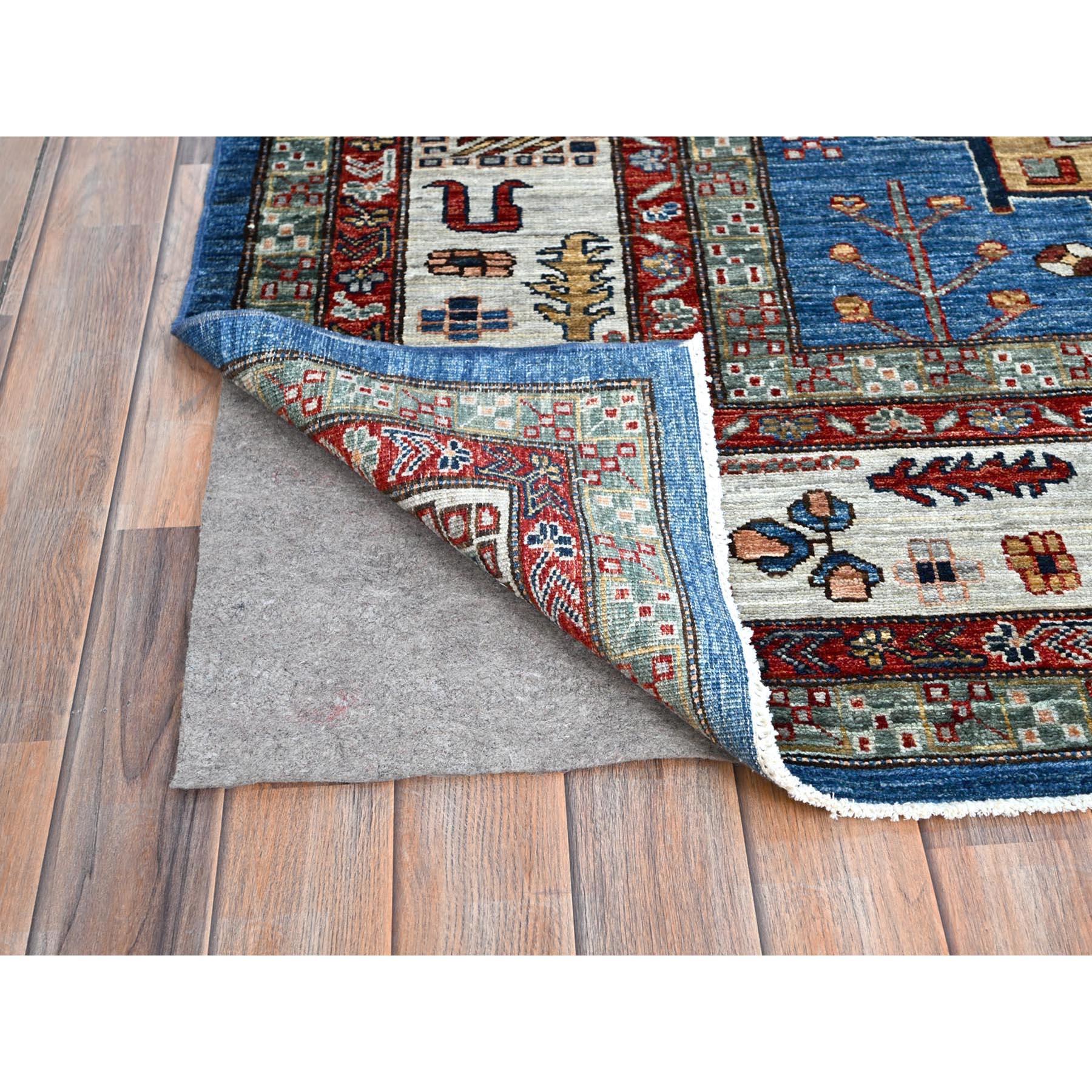 Afghan Tapis d'Orient géométrique bleu céruléen noué à la main Super Kazak 8'2