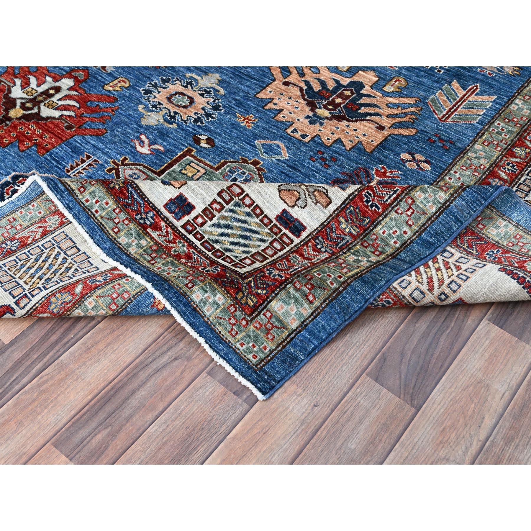Tapis d'Orient géométrique bleu céruléen noué à la main Super Kazak 8'2