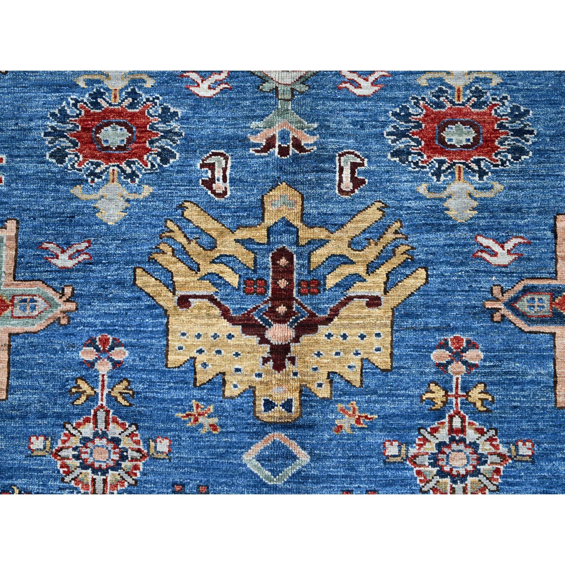 Laine Tapis d'Orient géométrique bleu céruléen noué à la main Super Kazak 8'2