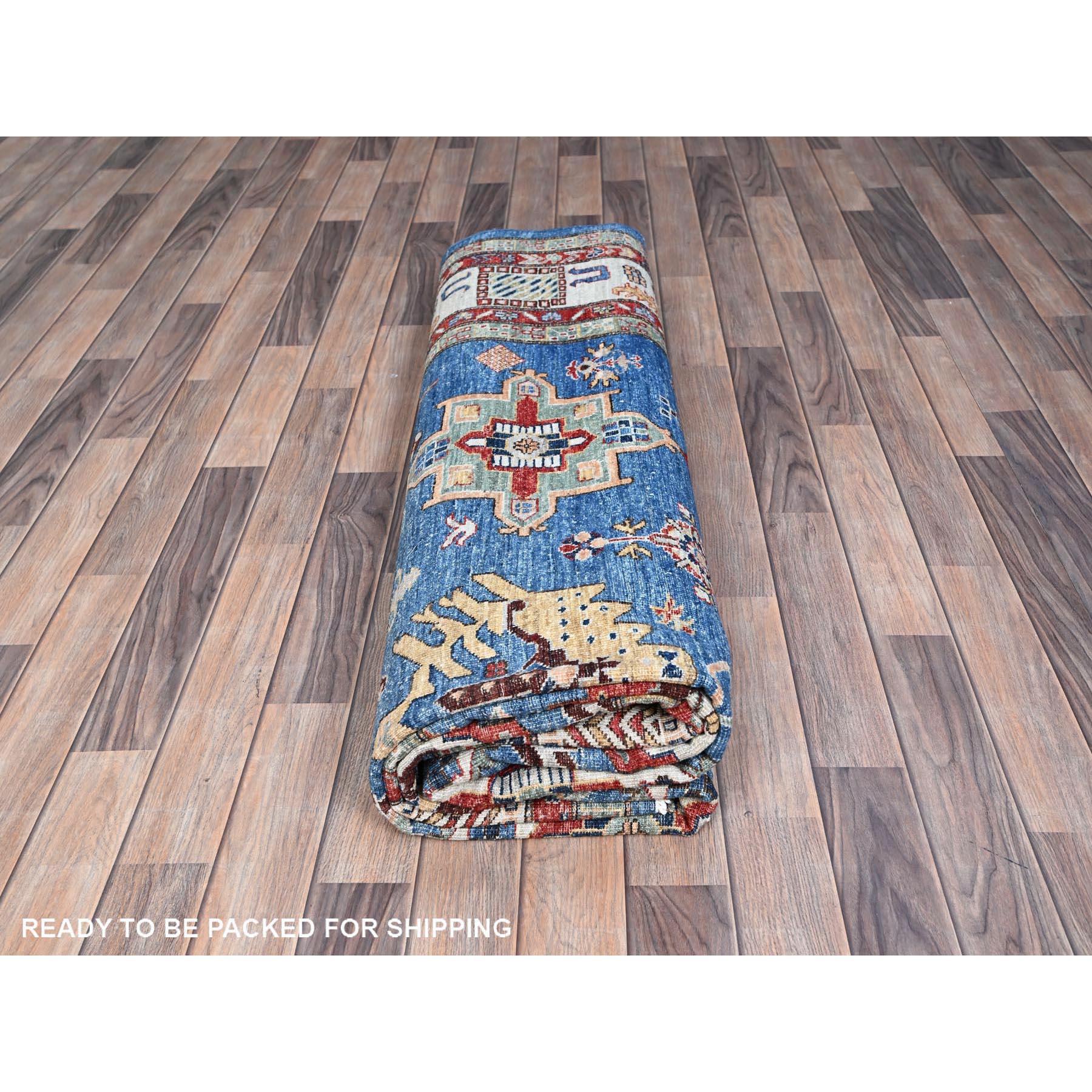 Tapis d'Orient géométrique bleu céruléen noué à la main Super Kazak 8'2