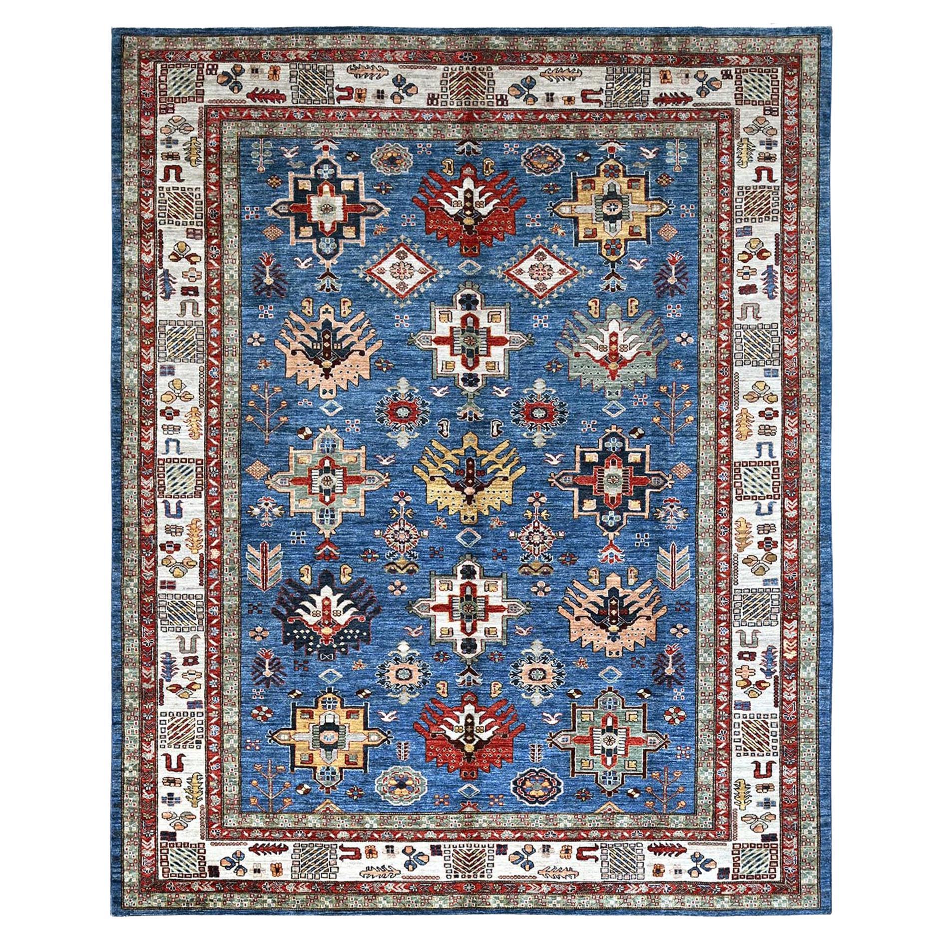 Cerulean Blue Hand Knotted Wool Super Kazak Geometric Oriental Rug 8'2" x 10'1"