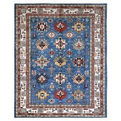 Alfombra Oriental Geométrica Super Kazak de Lana Anudada a Mano Azul Cerúleo 8'2" x 10'1