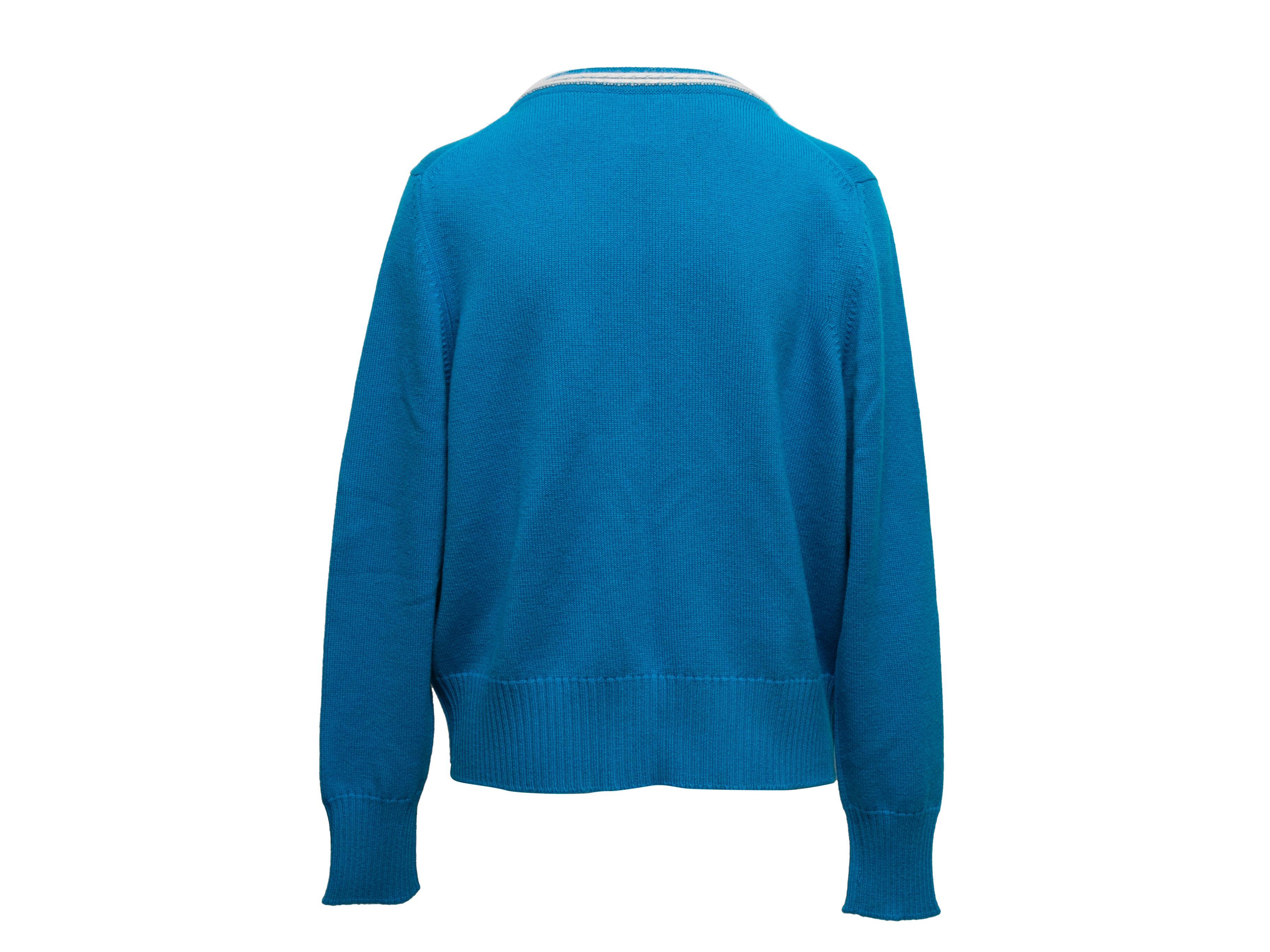 Blue Cerulean & White Chanel Cashmere Cardigan Size FR 50 For Sale
