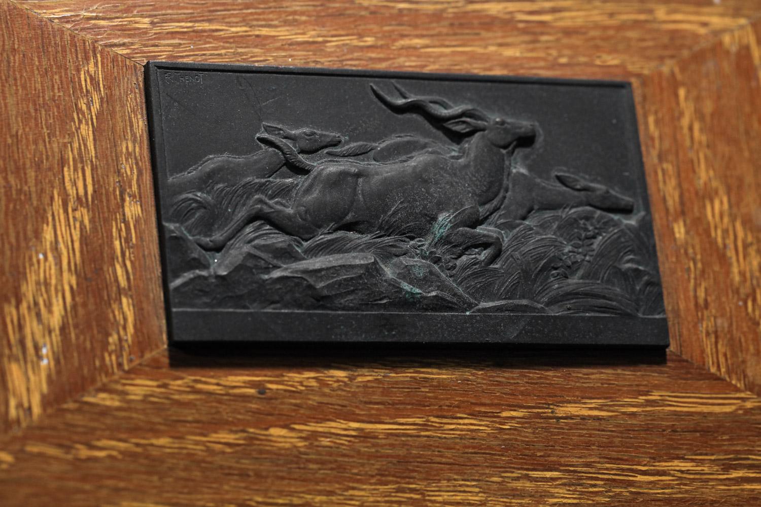 Mid-Century Modern Ceruse oak box from the 40's, bronze bas-relief with antelope decoration - H193  For Sale