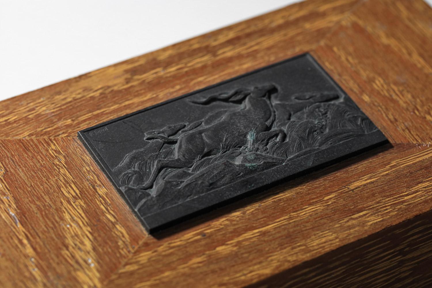 French Ceruse oak box from the 40's, bronze bas-relief with antelope decoration - H193  For Sale