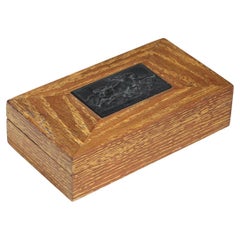 Vintage Ceruse oak box from the 40's, bronze bas-relief with antelope decoration - H193 
