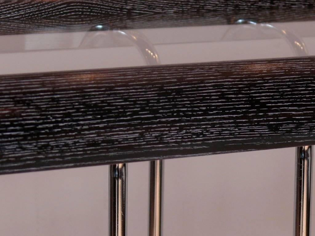 Incredible console or sofa table in chrome with cerused ash wooden frame with inset glass top. Chrome is in mint condition the top has just been refinished showing the wonderful grain of the ash.