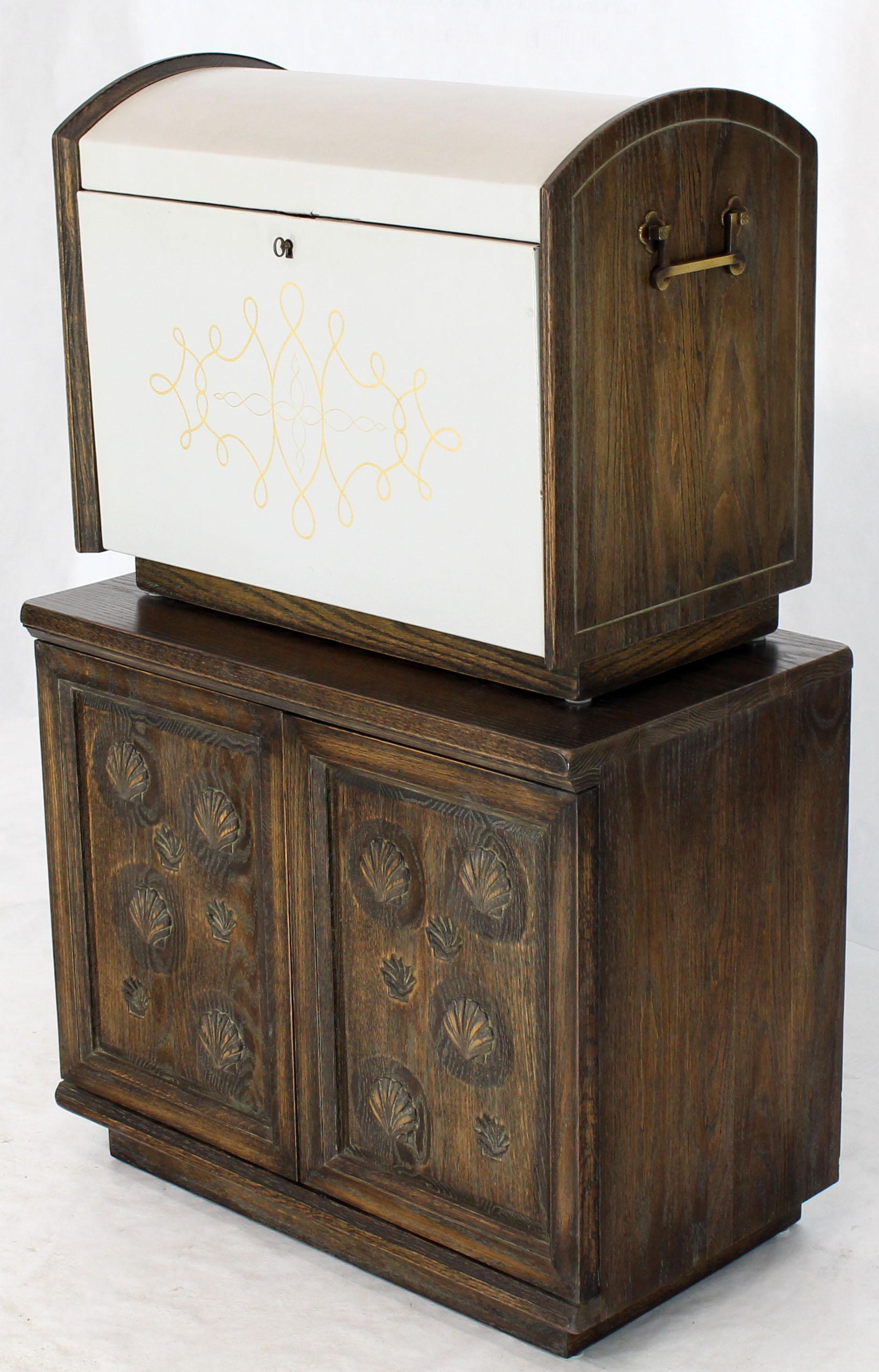 Embossed Cerused Carved Scallop Oak Leather Wrapped Campaign Portable Secretary Desk For Sale