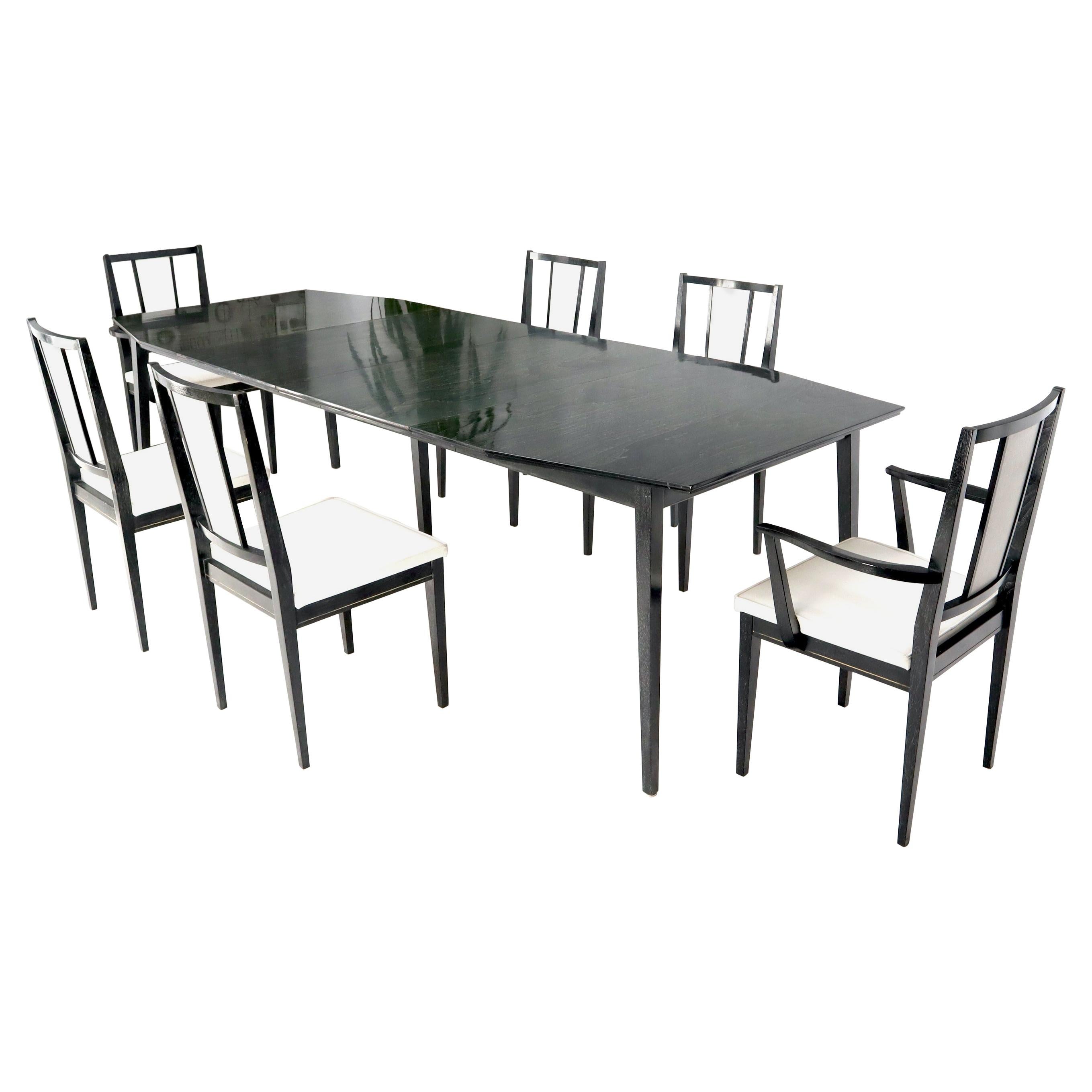 Table de salle à manger 6 chaises en noyer ébonisé cérusé avec deux plateaux d'extension
