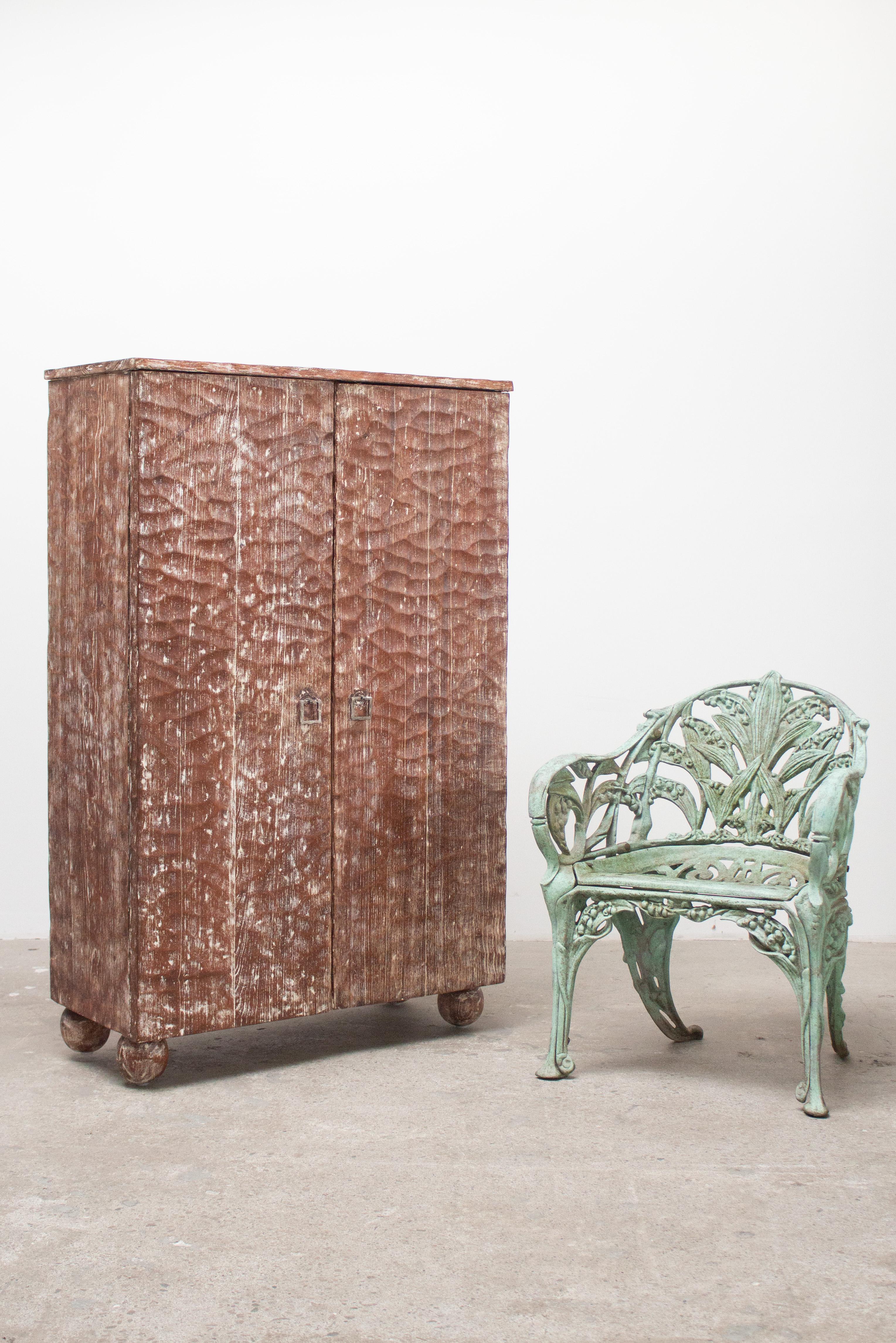 Rustic Cerused Gouge-Carved Oak Cabinet, France 1940s For Sale
