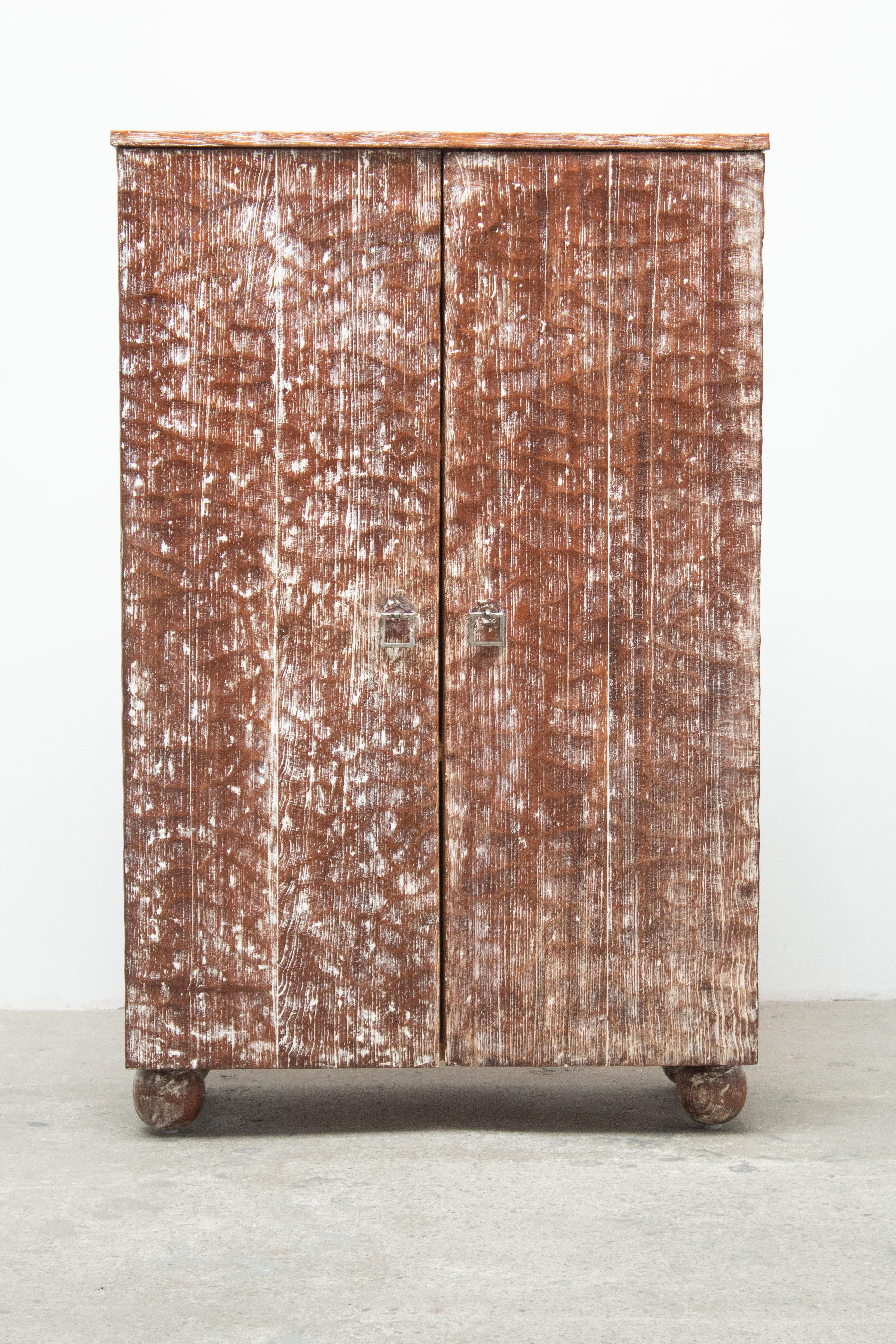 Cerused Gouge-Carved Oak Cabinet, France 1940s In Good Condition For Sale In Brooklyn, NY