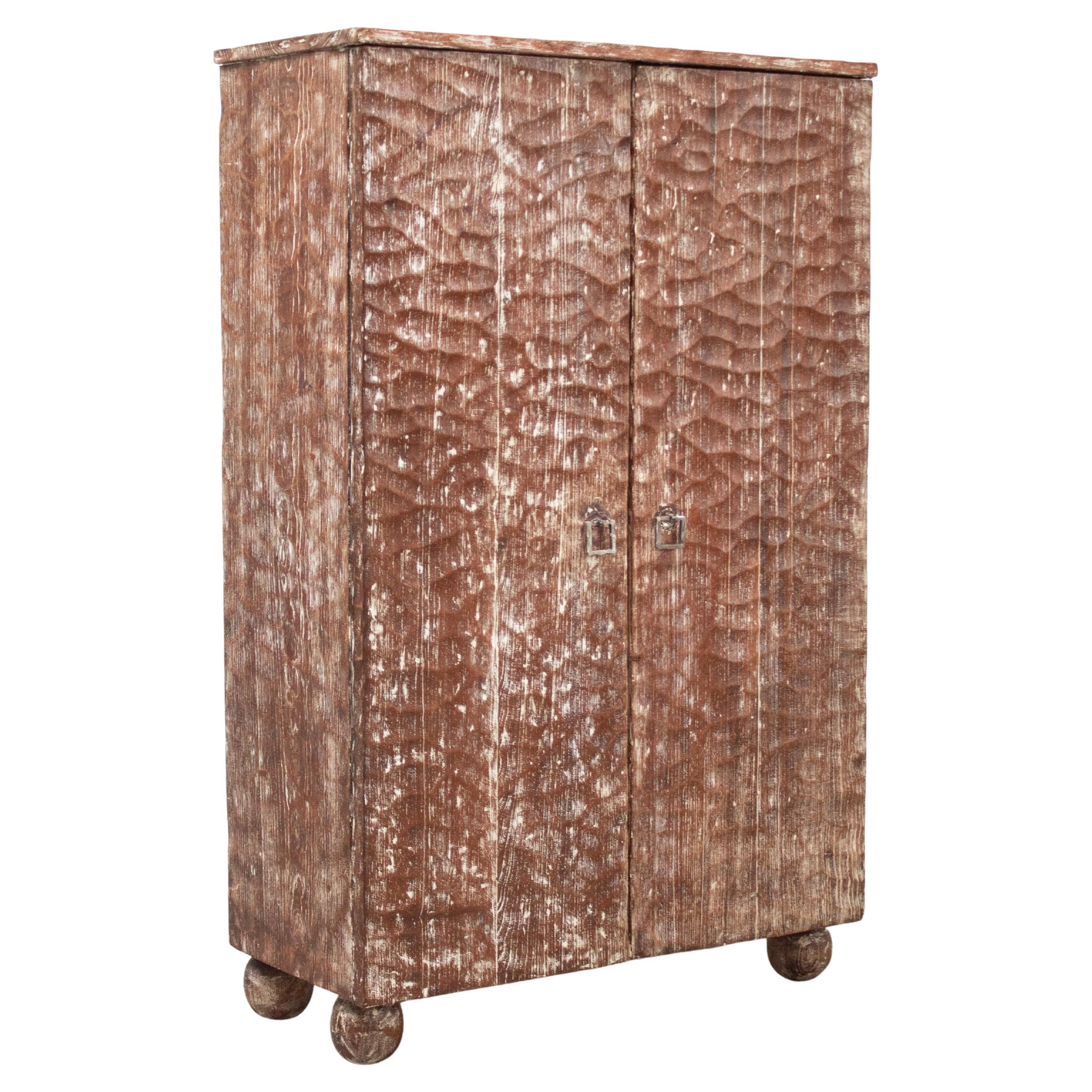 Cerused Gouge-Carved Oak Cabinet, France 1940s