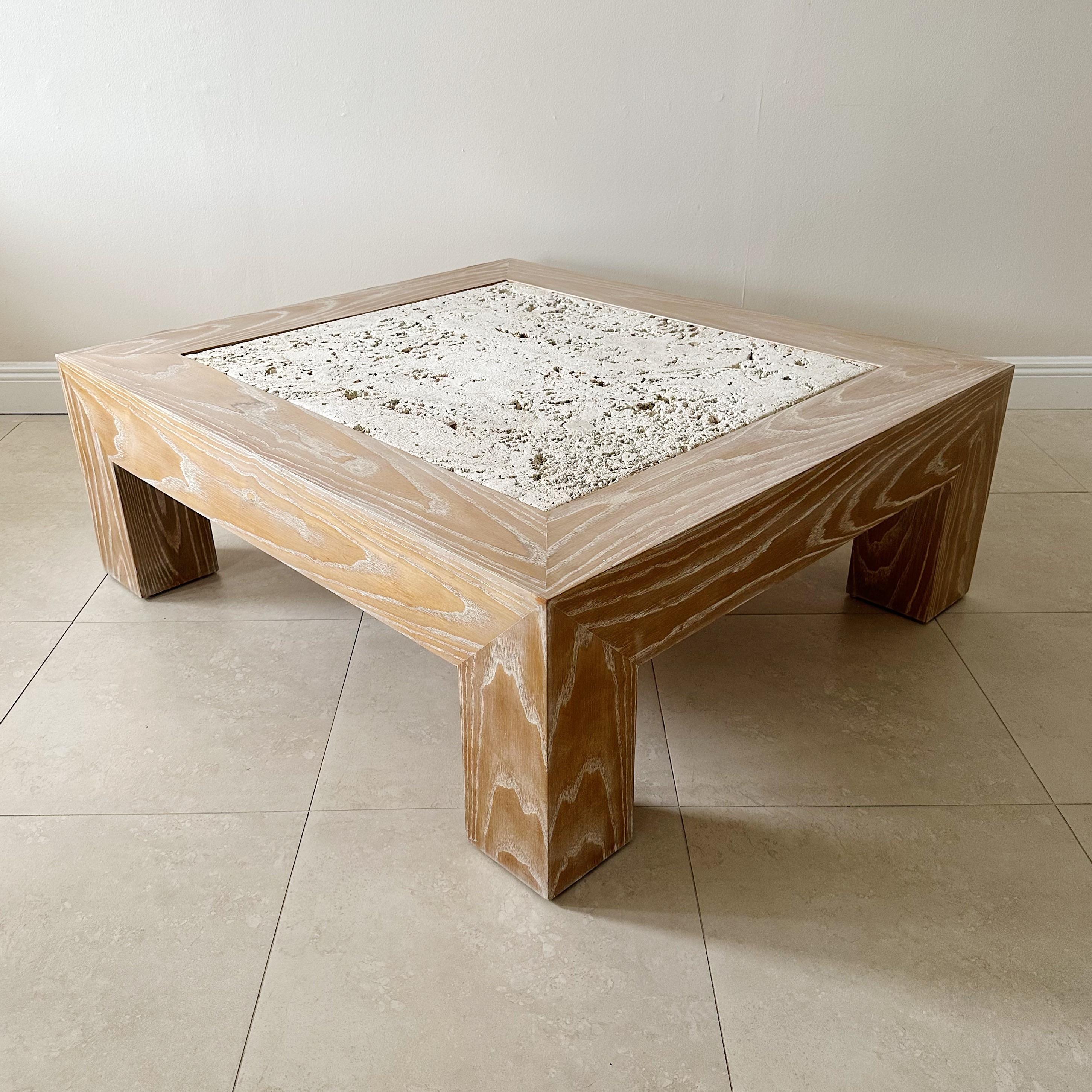 American Cerused Oak and Coral Coquina Stone Coffee Table