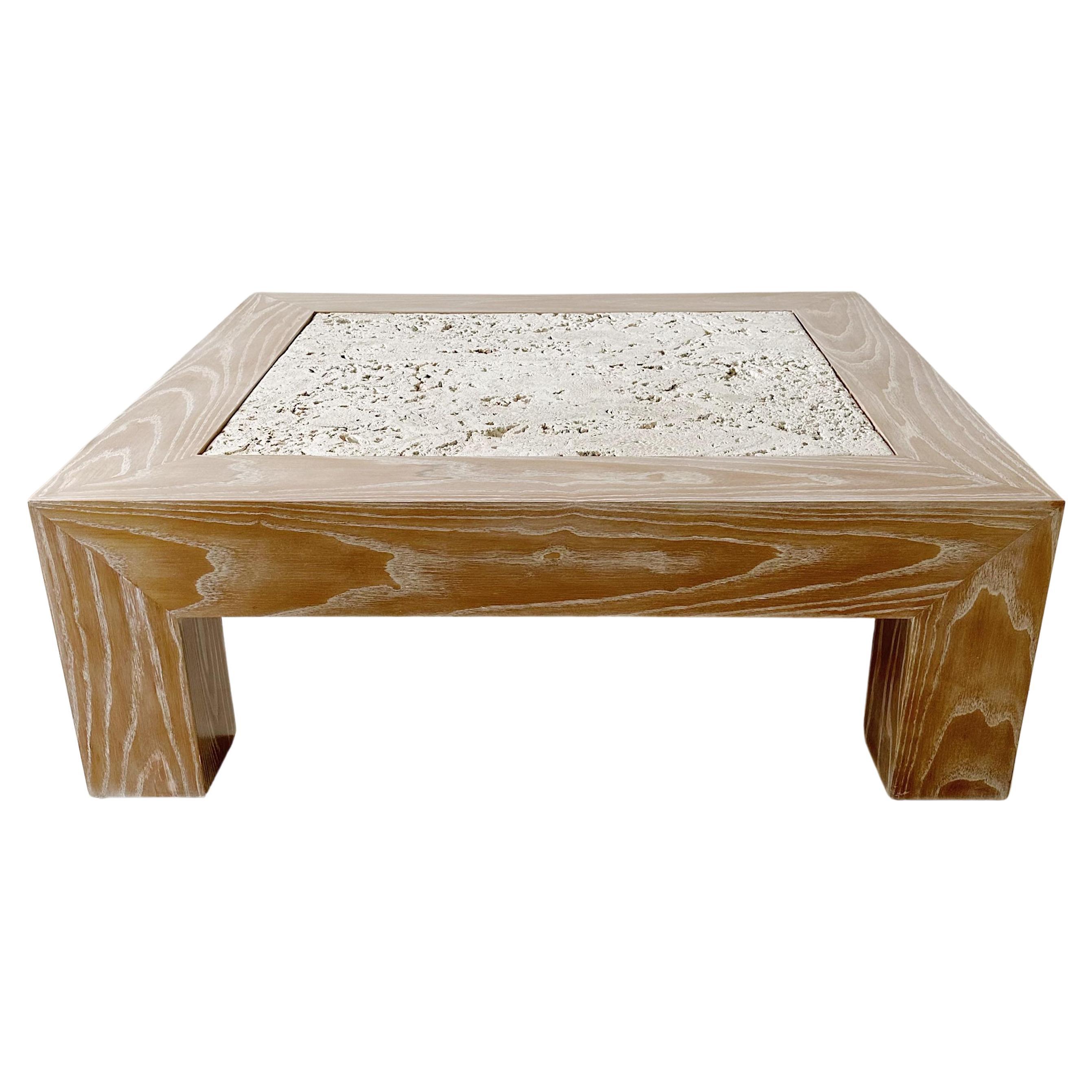 Cerused Oak and Coral Coquina Stone Coffee Table For Sale