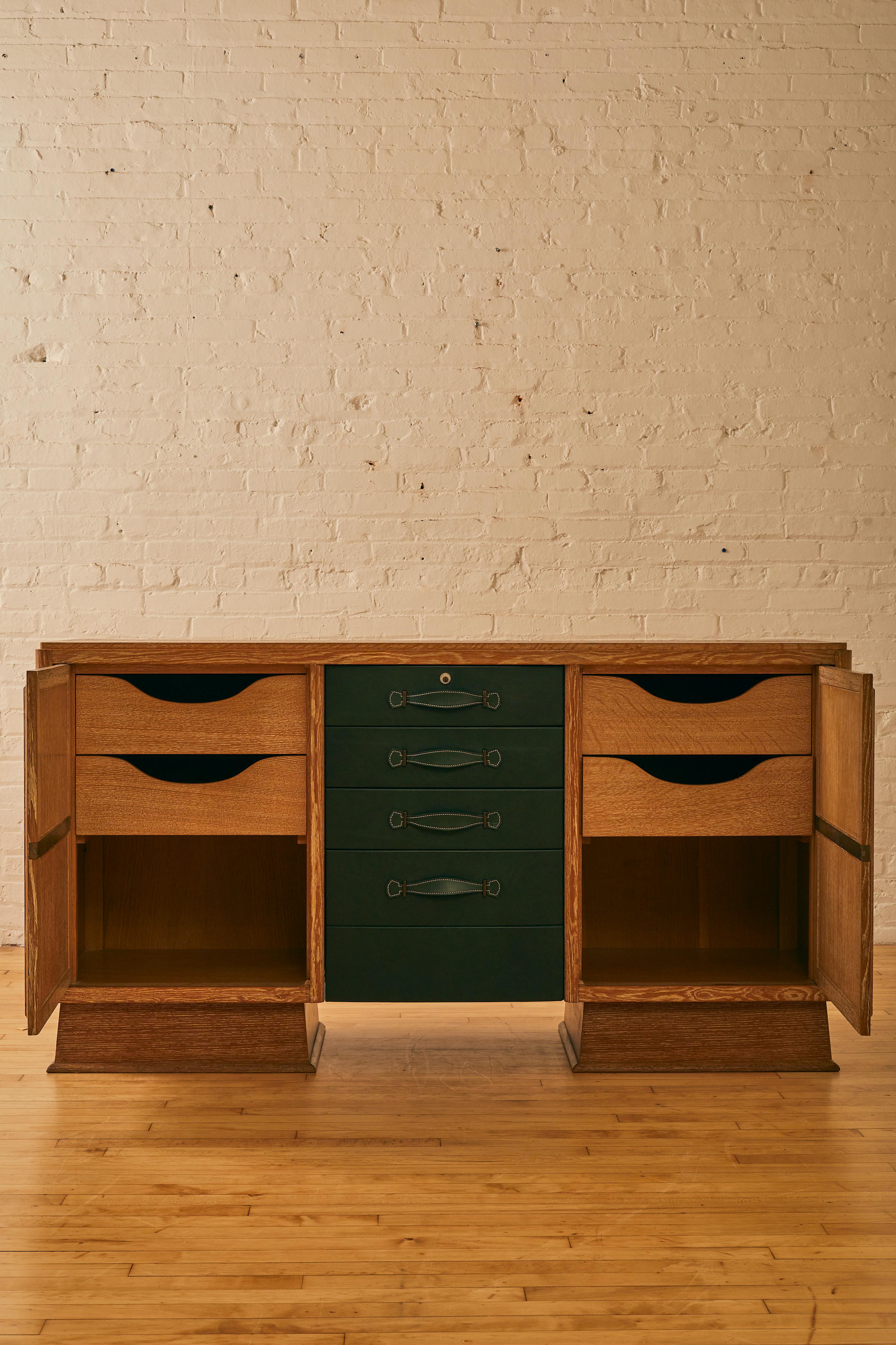 Mid-Century Modern Cerused Oak and Leather Sideboard by Maurice Pre