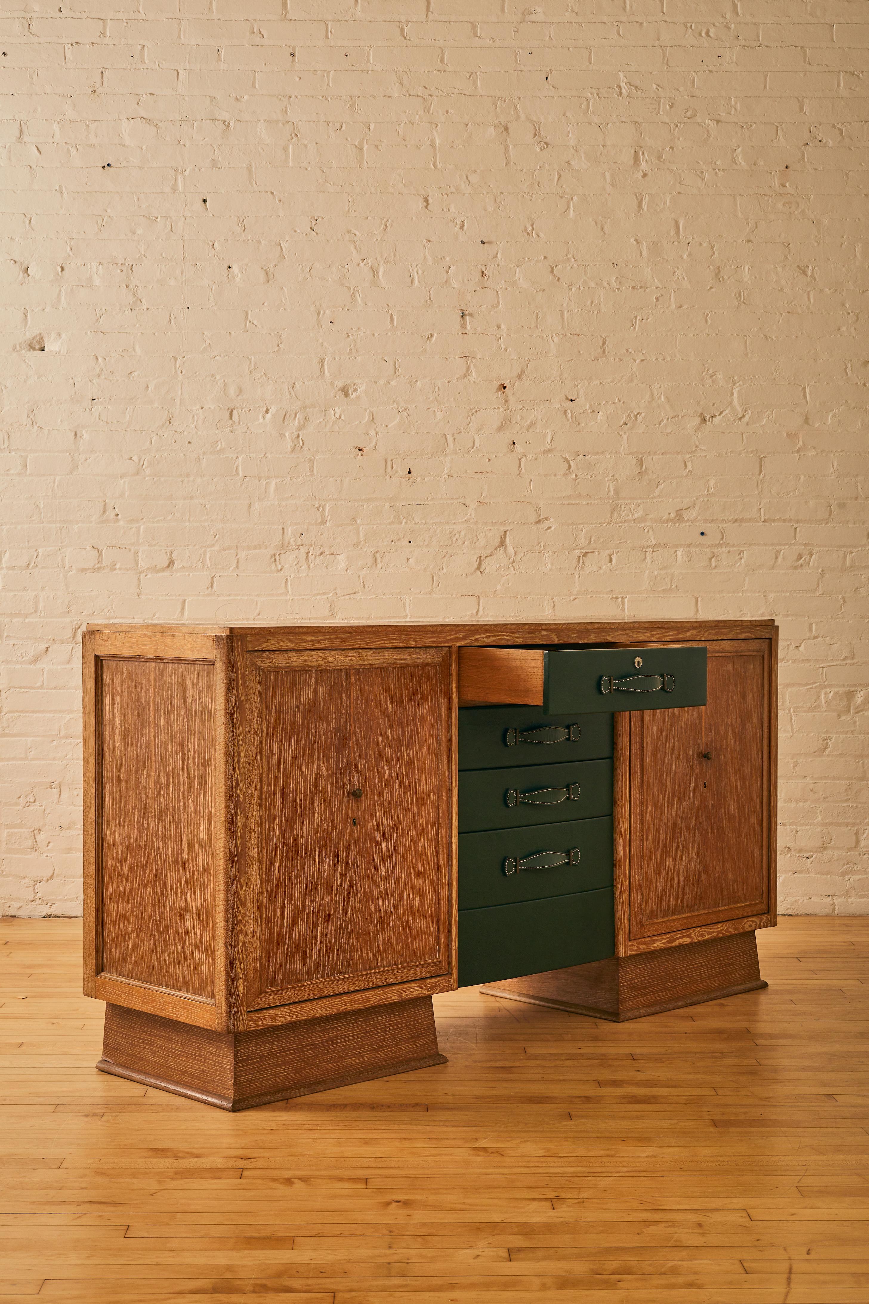 French Cerused Oak and Leather Sideboard by Maurice Pre
