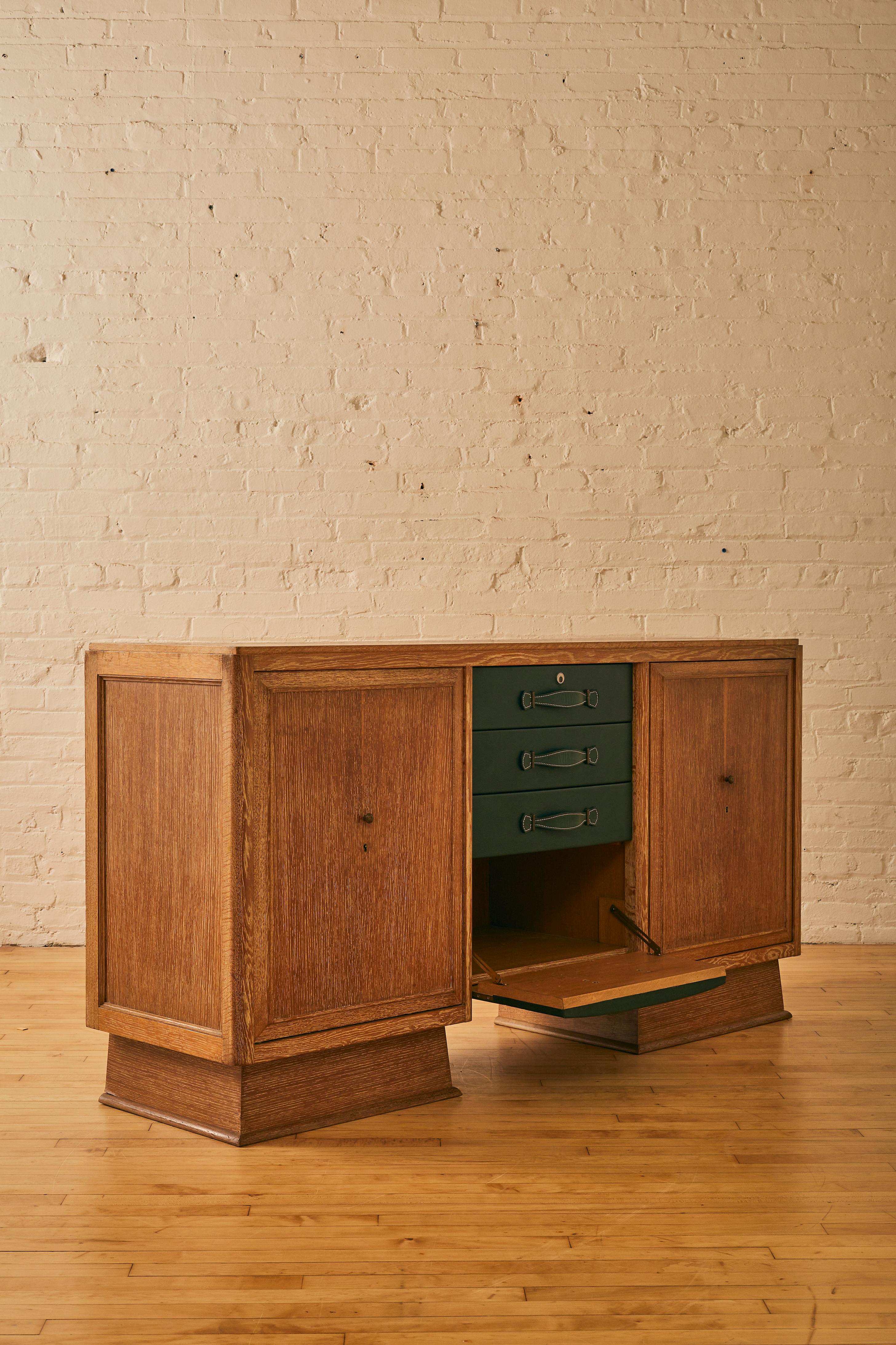 Cerused Oak and Leather Sideboard by Maurice Pre In Good Condition In Long Island City, NY