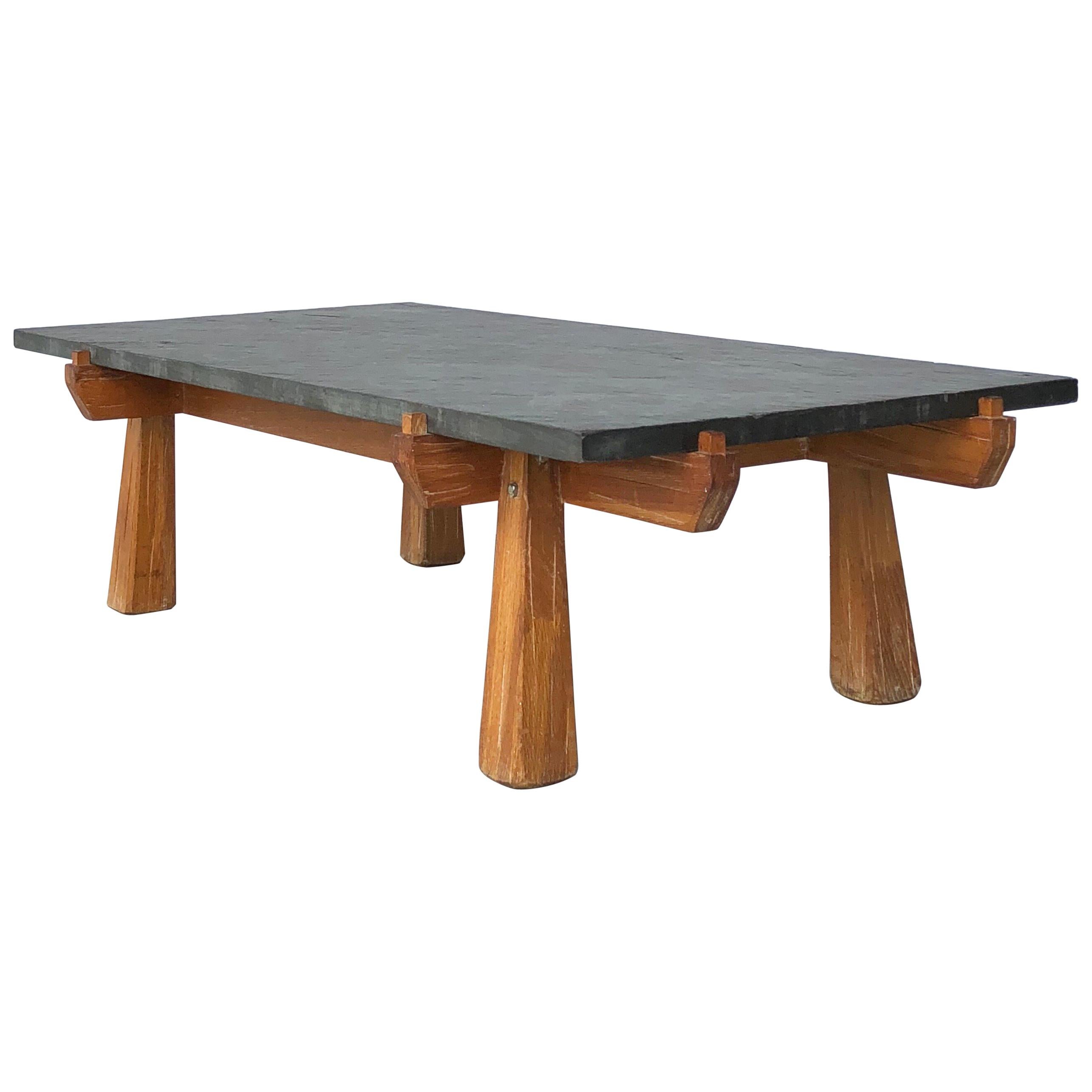 Cerused Oak and Slate French Midcentury Coffee Table