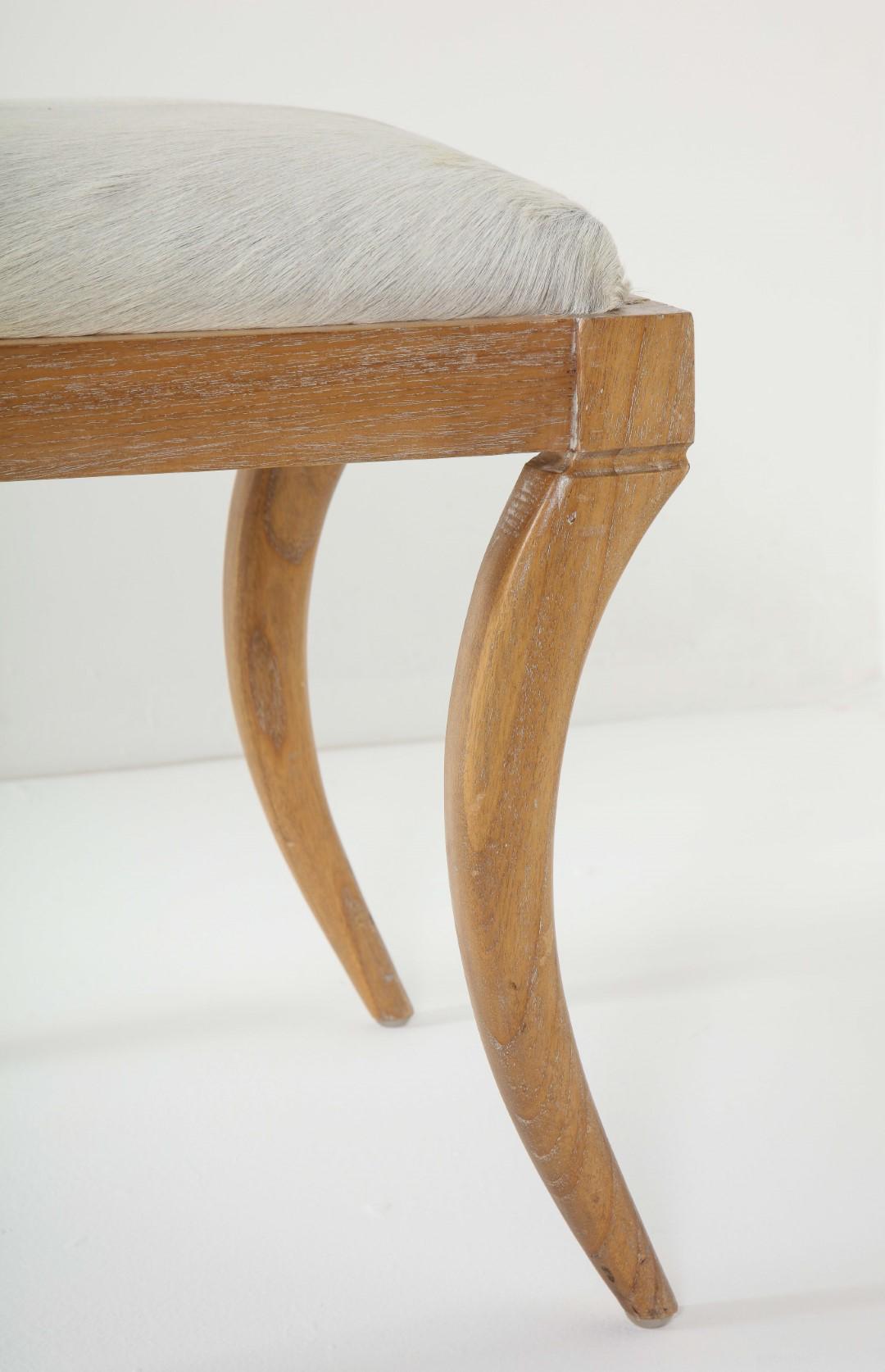 Mid-Century Modern Cerused Oak and White Pony Hide Ottoman, in the Style of Jean-Michel Frank
