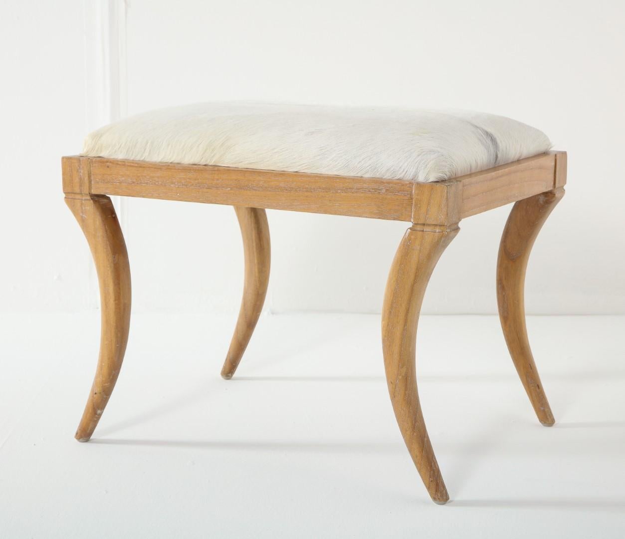 20th Century Cerused Oak and White Pony Hide Ottoman, in the Style of Jean-Michel Frank