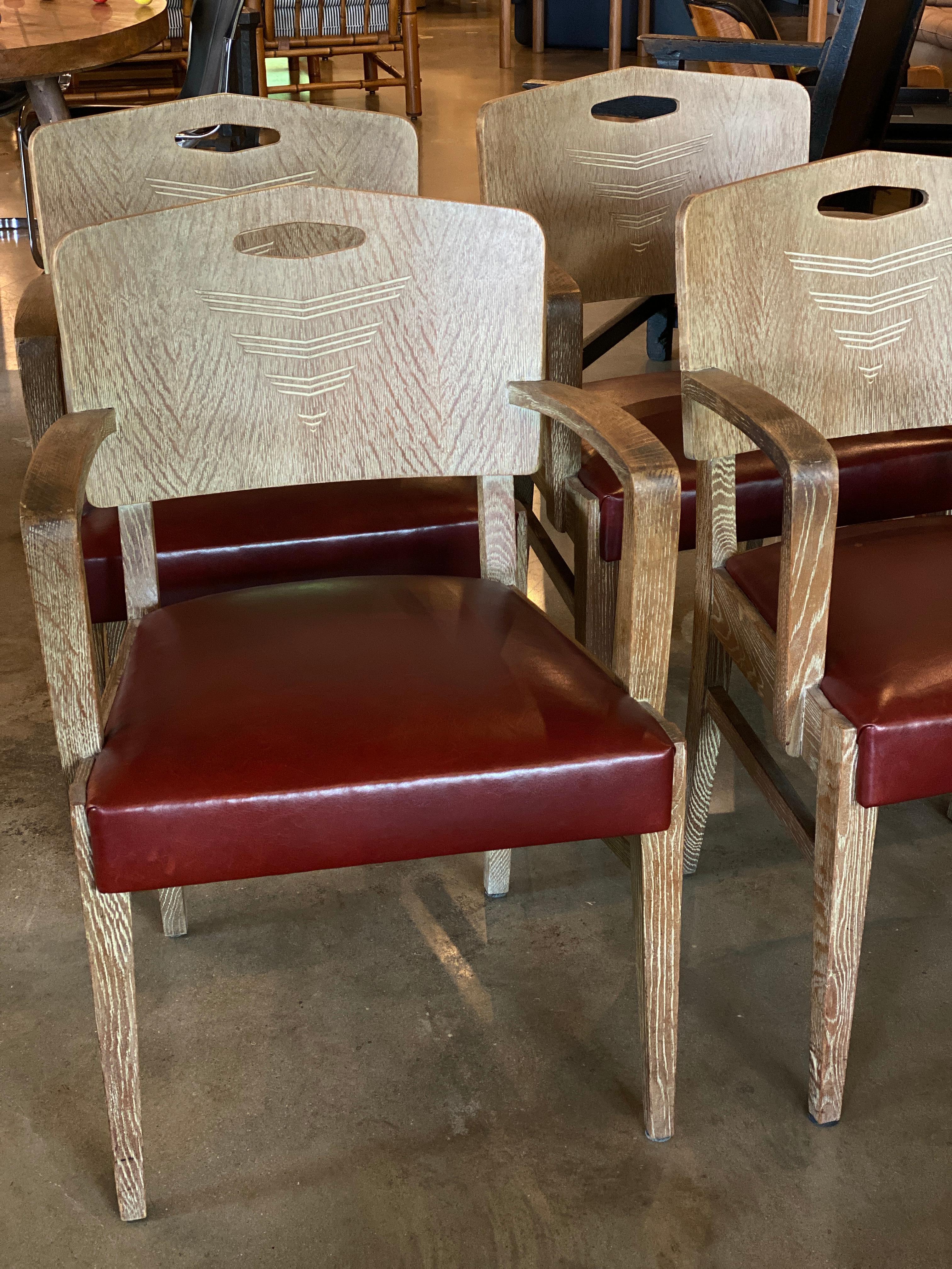 Cerused Oak Art Deco Chairs by Michel Polak, Set of 4, Belgium, 1930s In Good Condition In Austin, TX