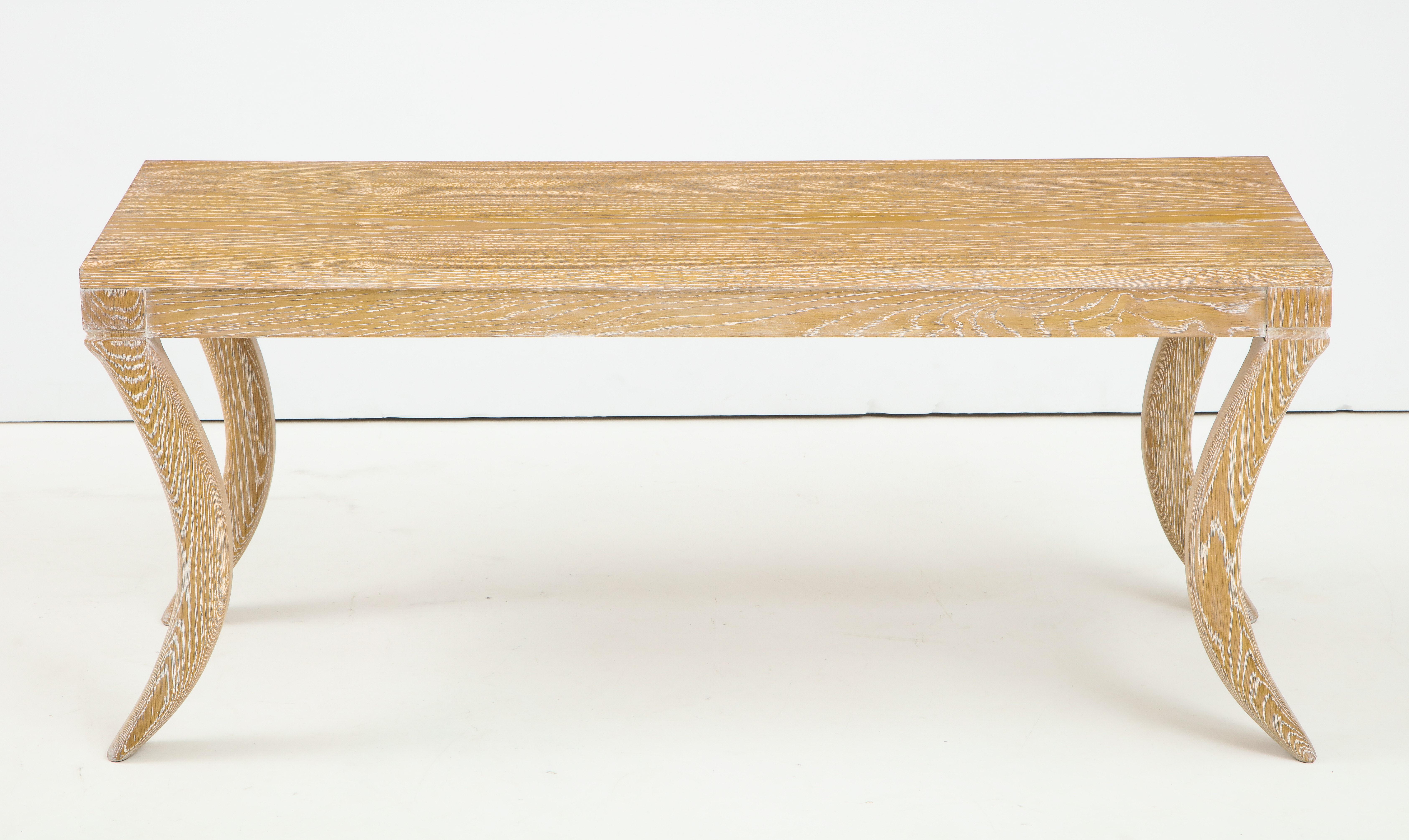 Mid-Century Modern Custom Cerused Oak Bench/ Cocktail Table on Sabre Legs For Sale