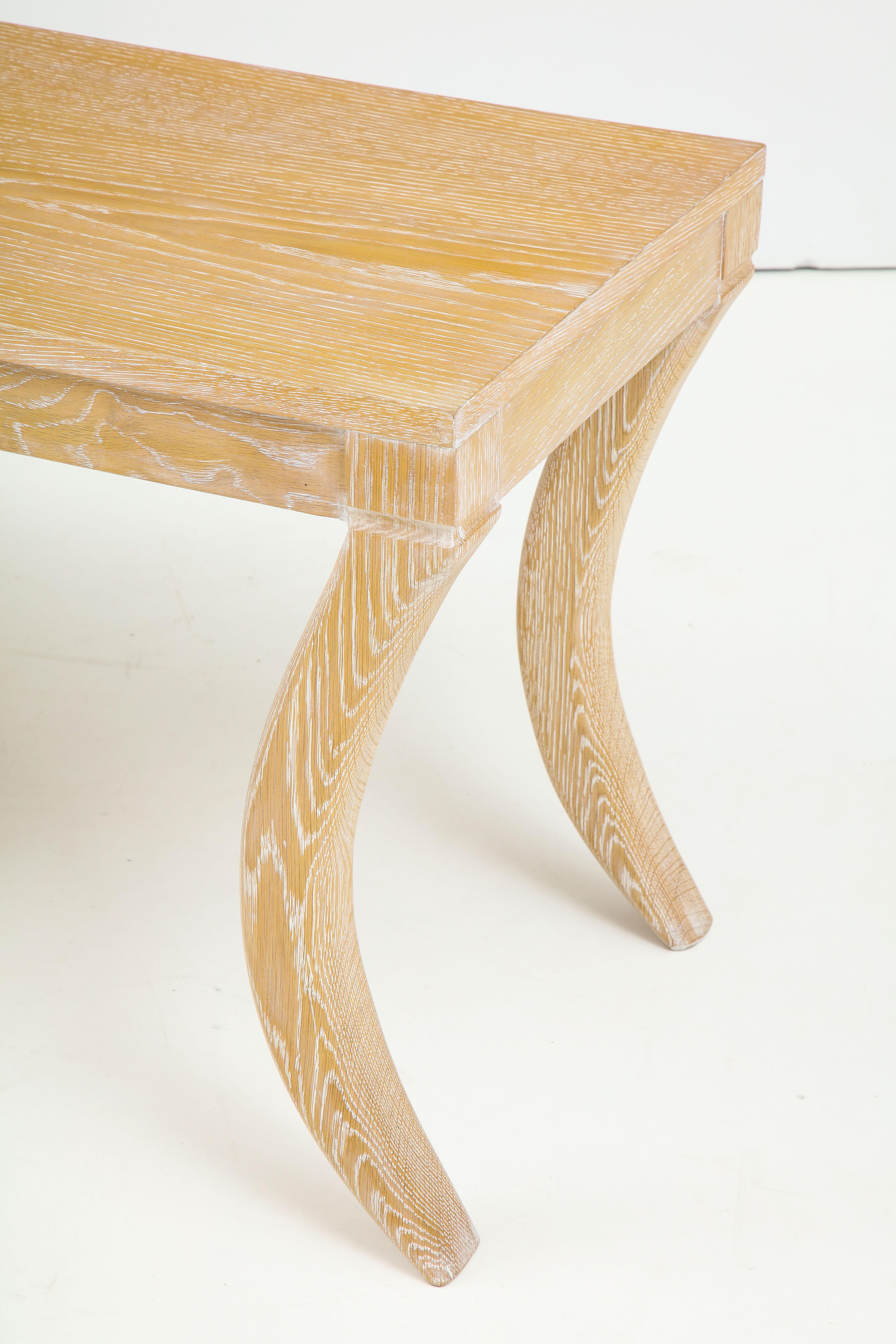 American Custom Cerused Oak Bench/ Cocktail Table on Sabre Legs For Sale