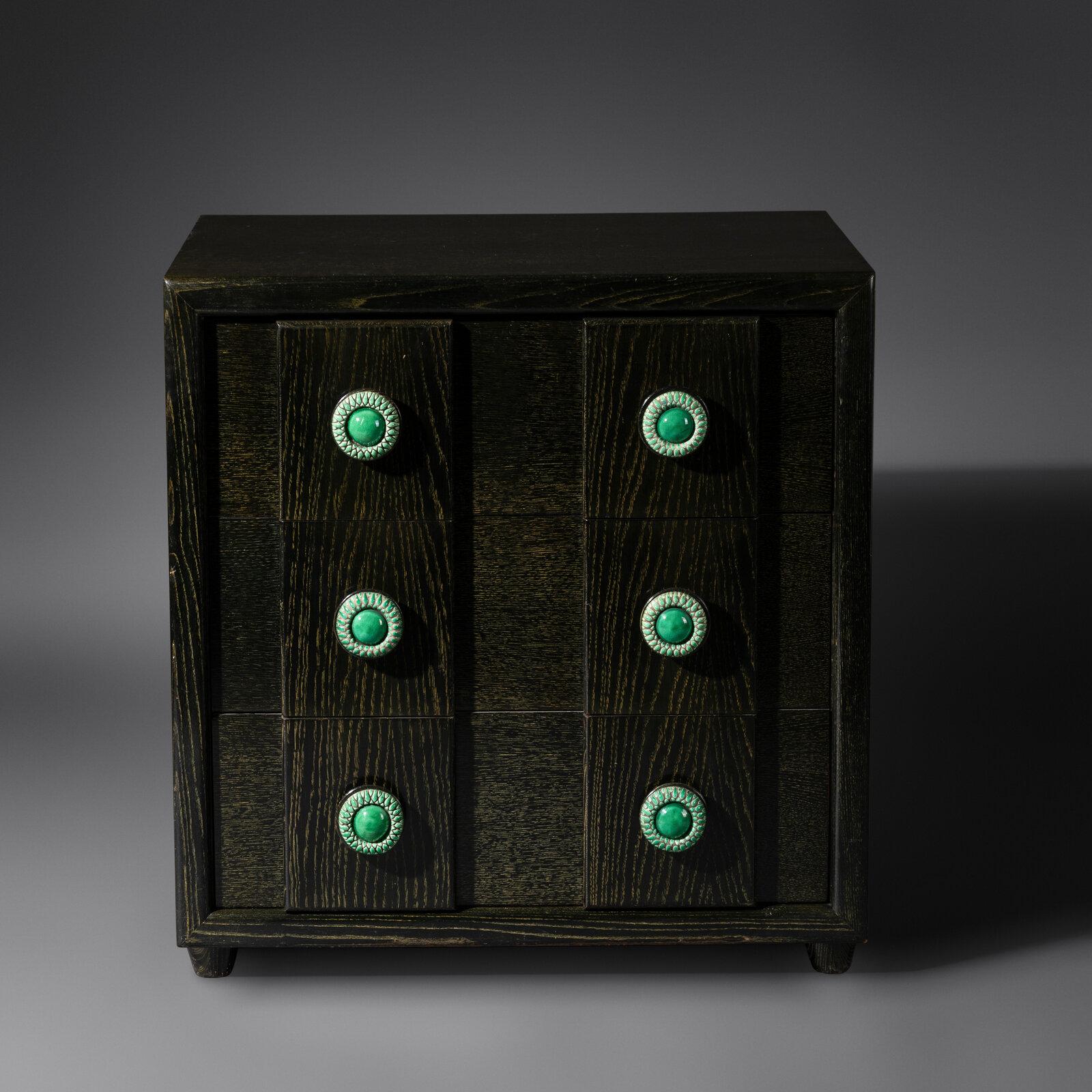 Cerused Oak Chest with Green Ceramic Pulls by S. Karpen & Bros. Branded Karpen signature on inside of top drawer  Property from a Private Colorado Collector Provenance: Jourdan Antiques, New York
