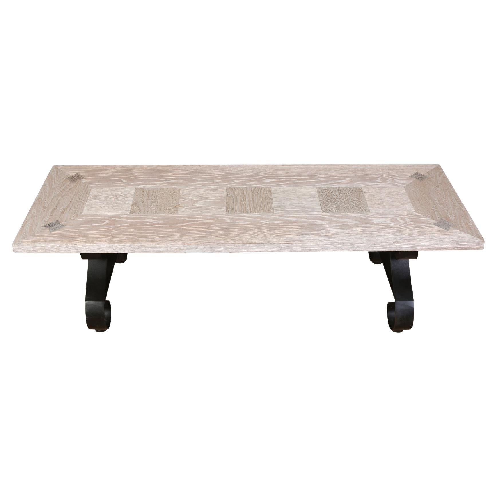 Cerused Oak Coffee Table With Scroll Iron Base
