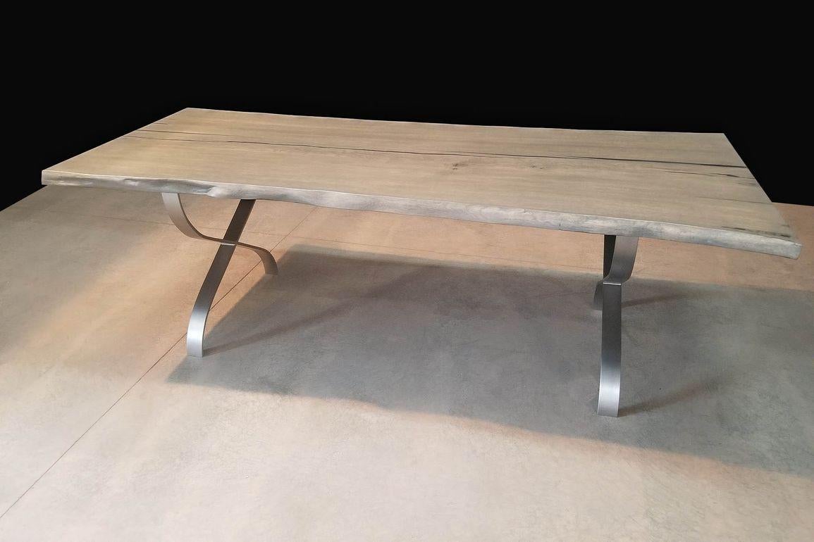 Modern live Edge Cerused Oak Dining Table with Steel Legs In New Condition For Sale In Hobart, NY