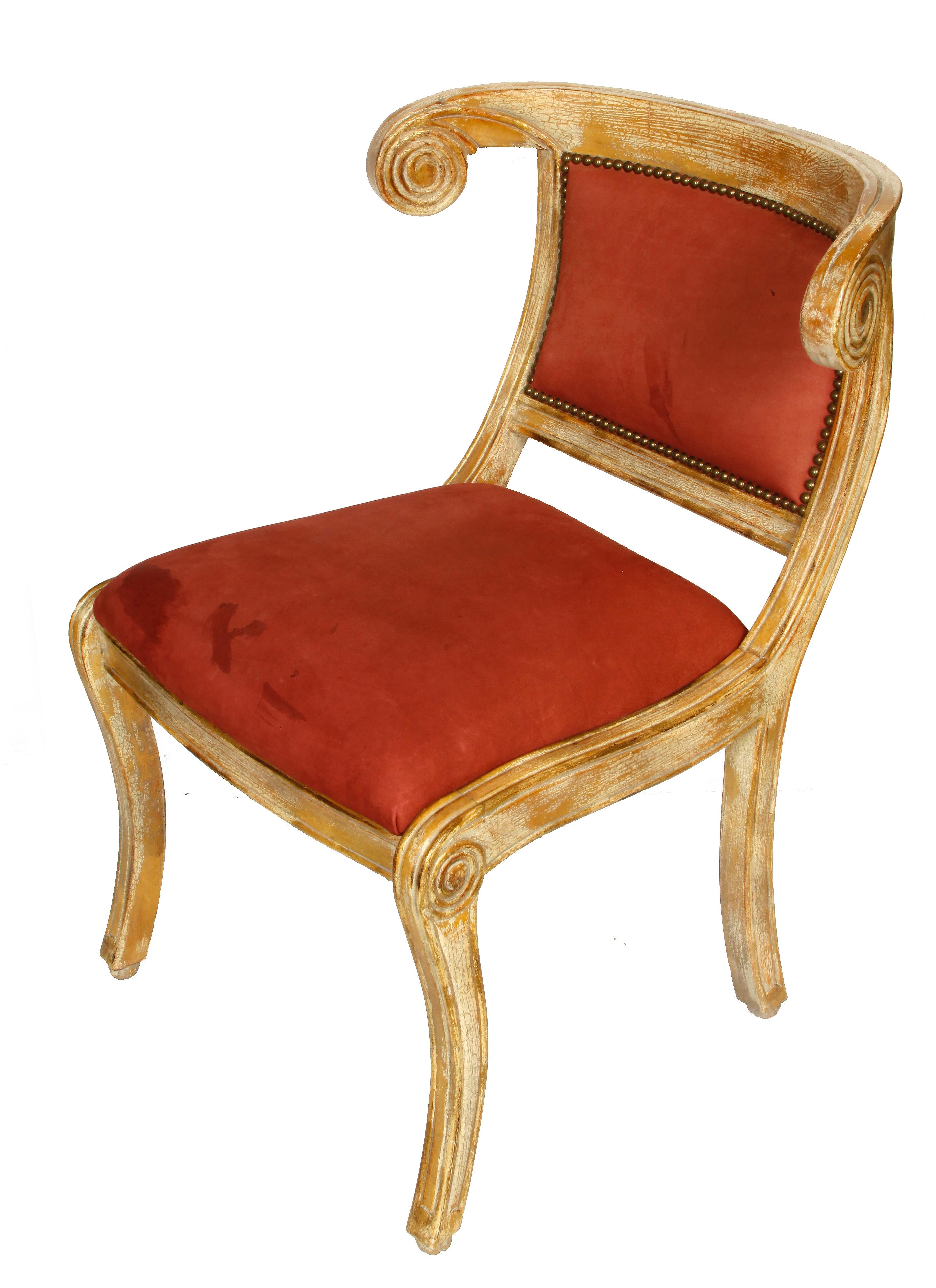 Cerused oak directoire style side chair, curved back with brass nailhead trim on seat back.